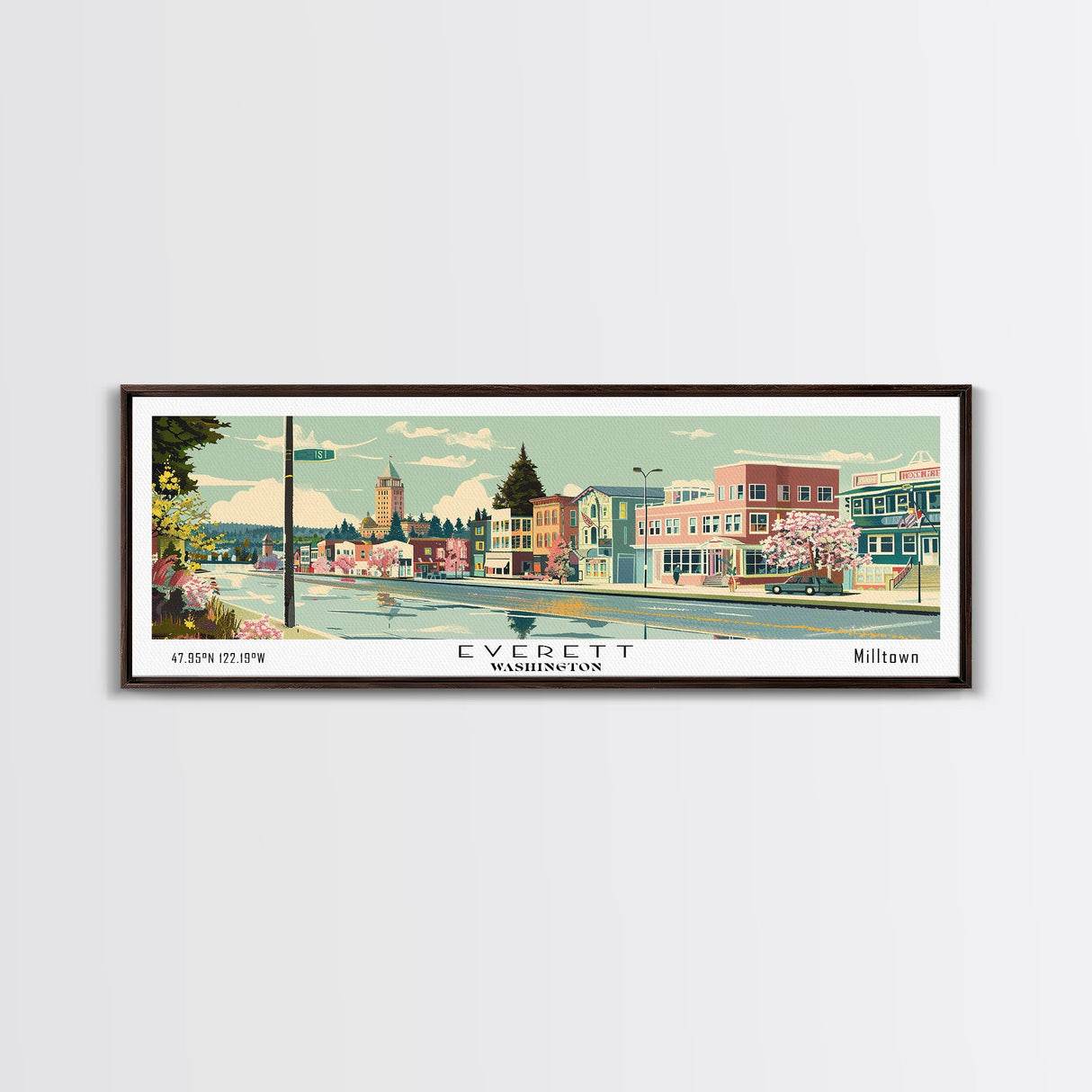 Everett Washington Panoramic Painting, Mid Century Modern Framed Canvas Print, Retro Pop Art Travel Poster, Home Wall Decor