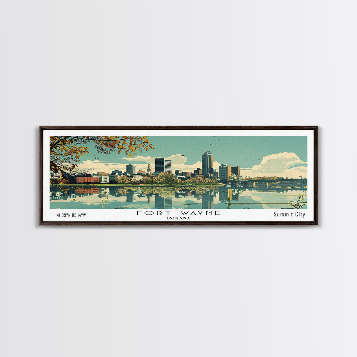 Fort Wayne Indiana Panoramic Art, Mid Century Modern Framed Canvas Print, Retro Pop Art Travel Poster, Home Wall Decor