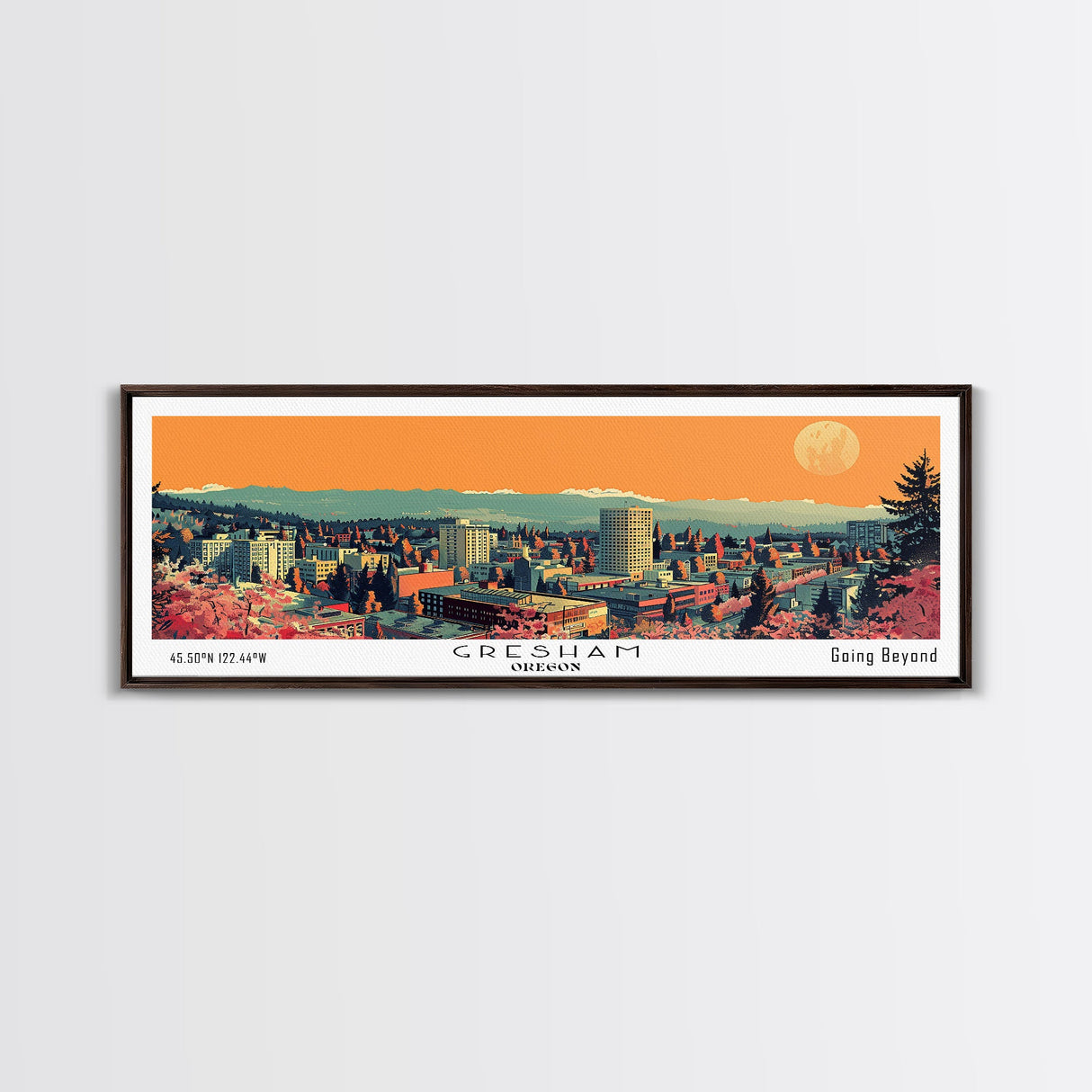 Gresham Oregon Panoramic Art, Mid Century Modern Framed Canvas Print, Retro Pop Art Travel Poster, Office Wall Decor