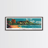 Honolulu Hawaii Panoramic Painting, Mid Century Modern Framed Canvas Print, Retro Pop Art Travel Poster, Home Wall Decor