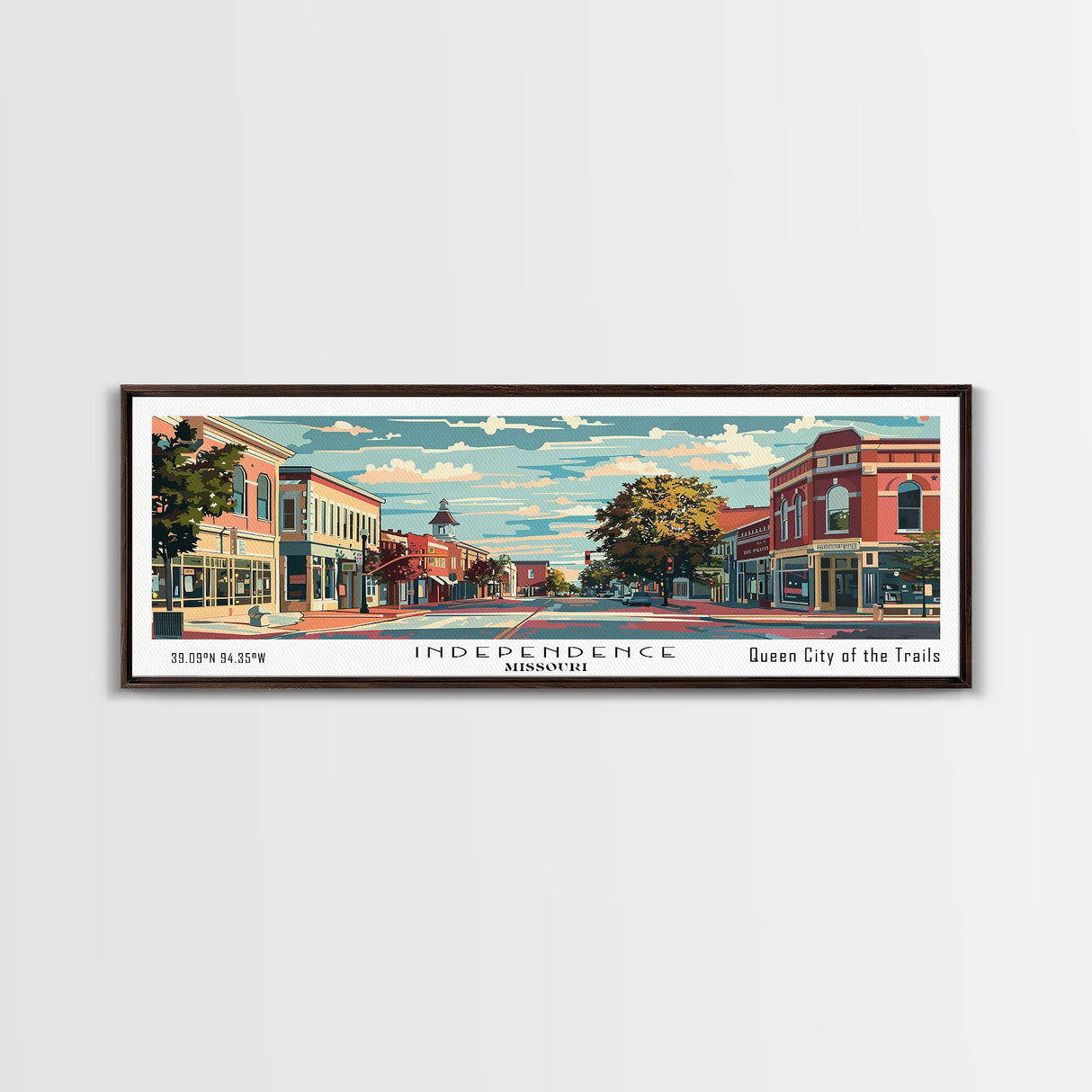 Independence Missouri Panoramic Painting, Mid Century Modern Framed Canvas Print, Retro Pop Art Travel Poster, Home Decor