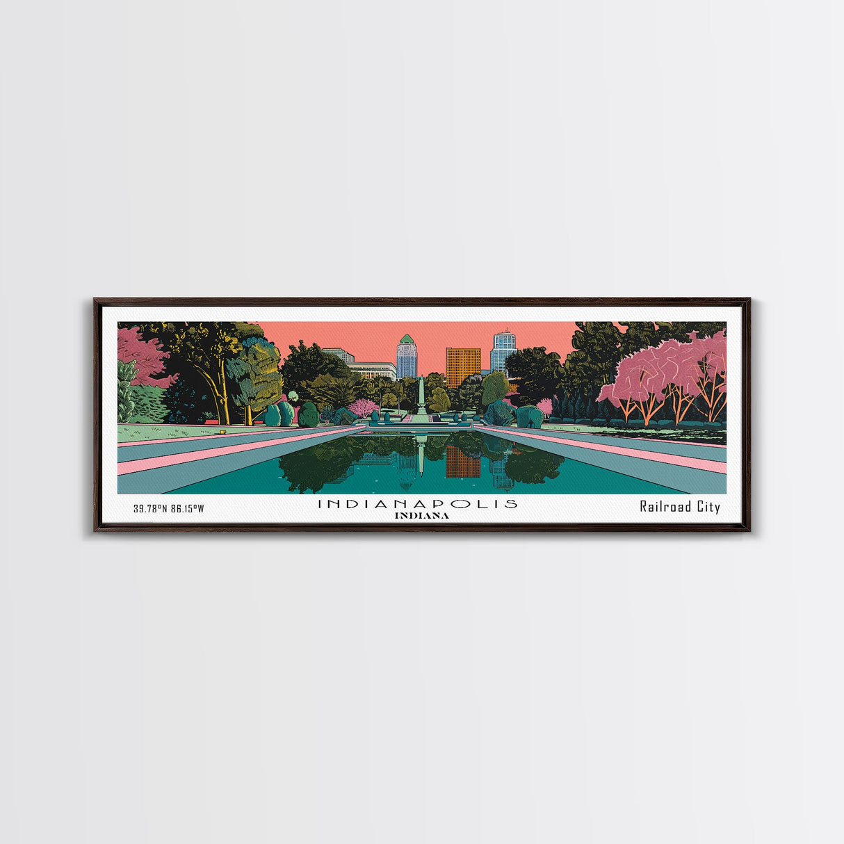 Indianapolis Indiana Panoramic Painting, Mid Century Modern Framed Canvas Print, Retro Pop Art Travel Poster, Office Decor