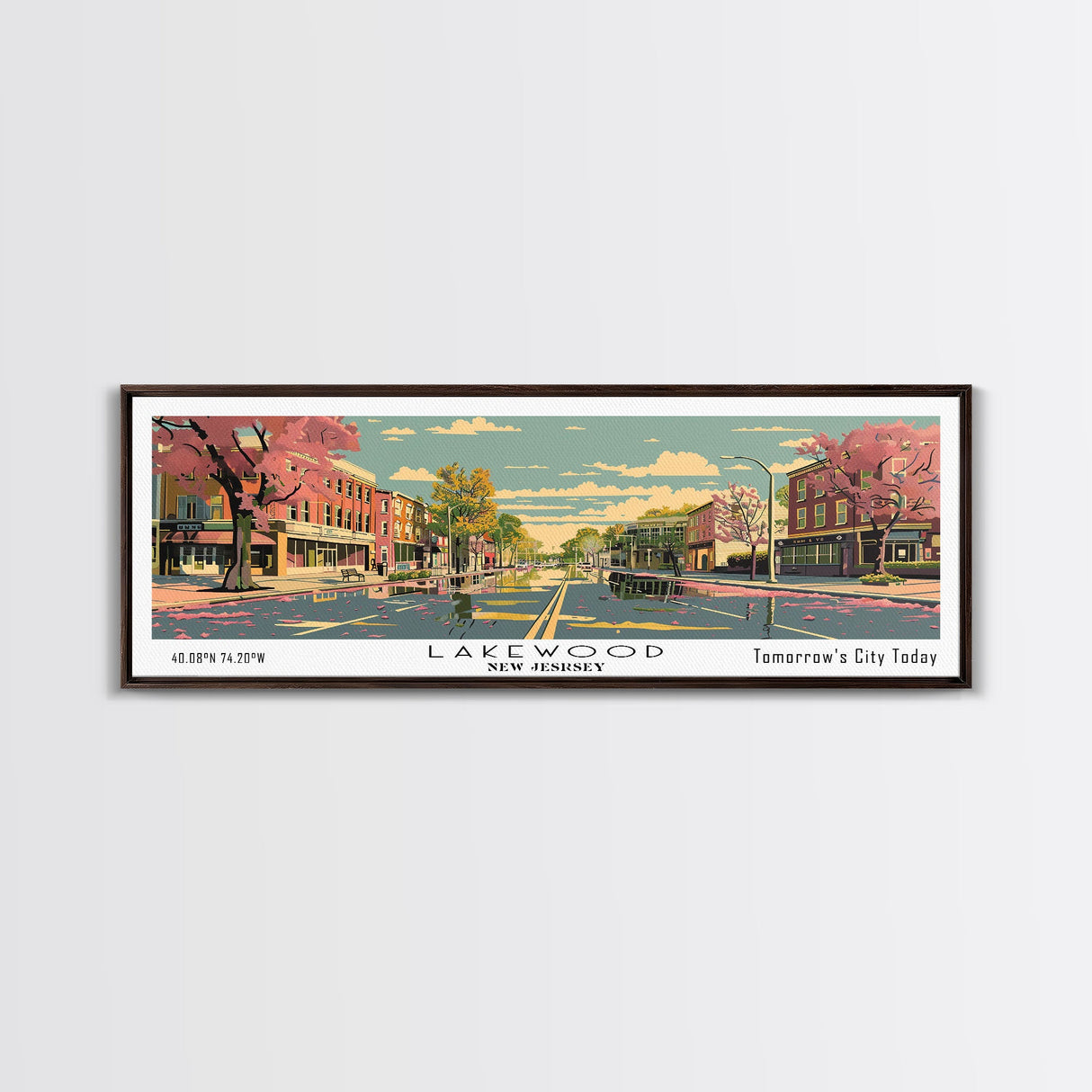 Lakewood New Jersey Panoramic Wall Art, Mid Century Modern Framed Canvas Print, Retro Pop Art Travel Poster, Living Room Art