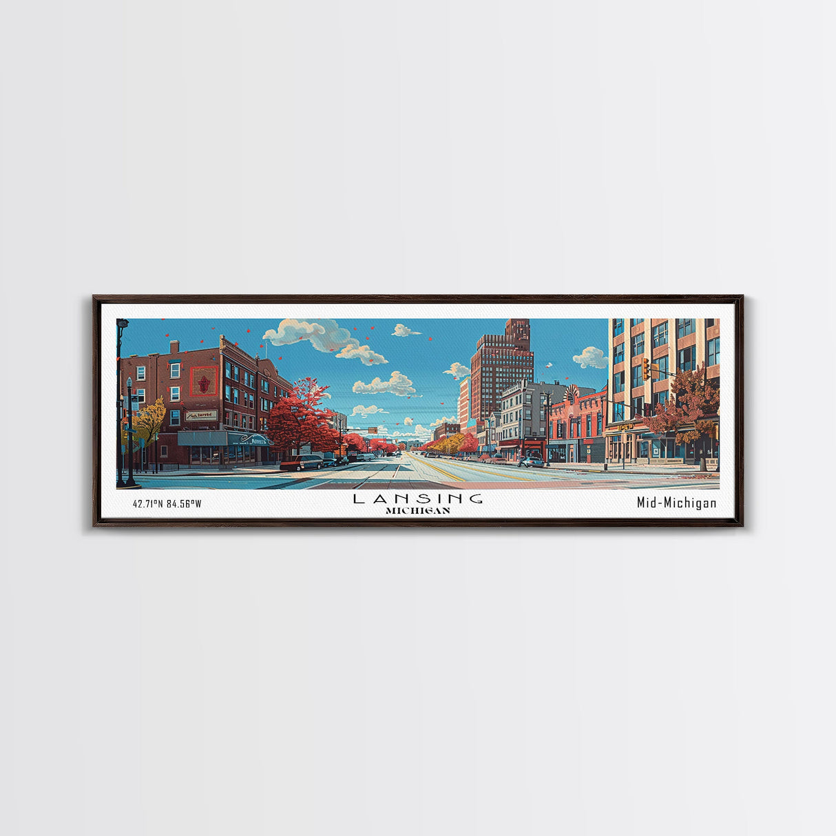 Lansing Michigan Panoramic Wall Art, Mid Century Modern Framed Canvas Print, Retro Pop Art Travel Poster, Living Room Decor