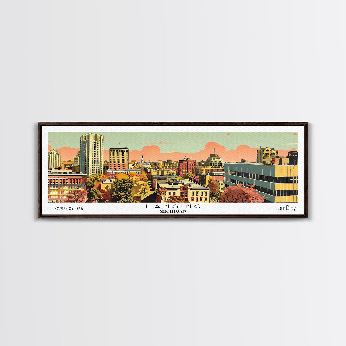 Lansing Michigan Panoramic Wall Art, Mid Century Modern Framed Canvas Print, Retro Pop Art Travel Poster, Living Room Decor