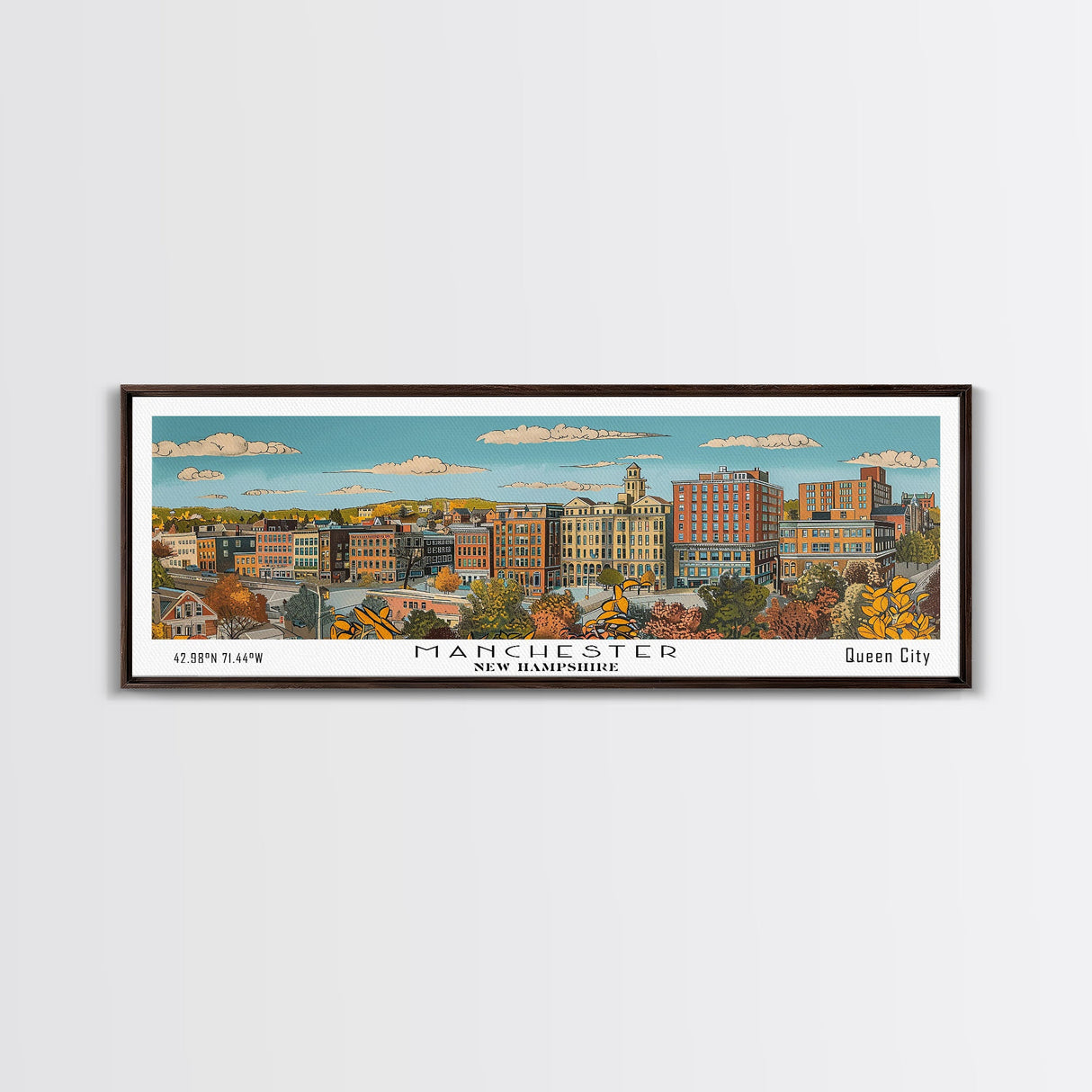 Manchester New Hampshire Panoramic Painting, Mid Century Modern Framed Canvas Print, Retro Pop Art Travel Poster, Living Room Decor