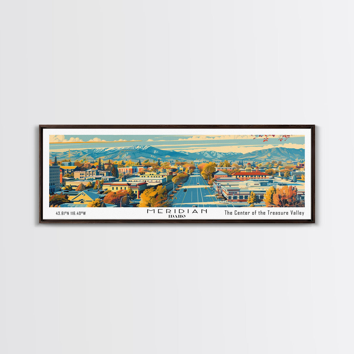 Meridian Idaho Panoramic Painting, Mid Century Modern Framed Canvas Print, Retro Pop Art Travel Poster, Home Decor