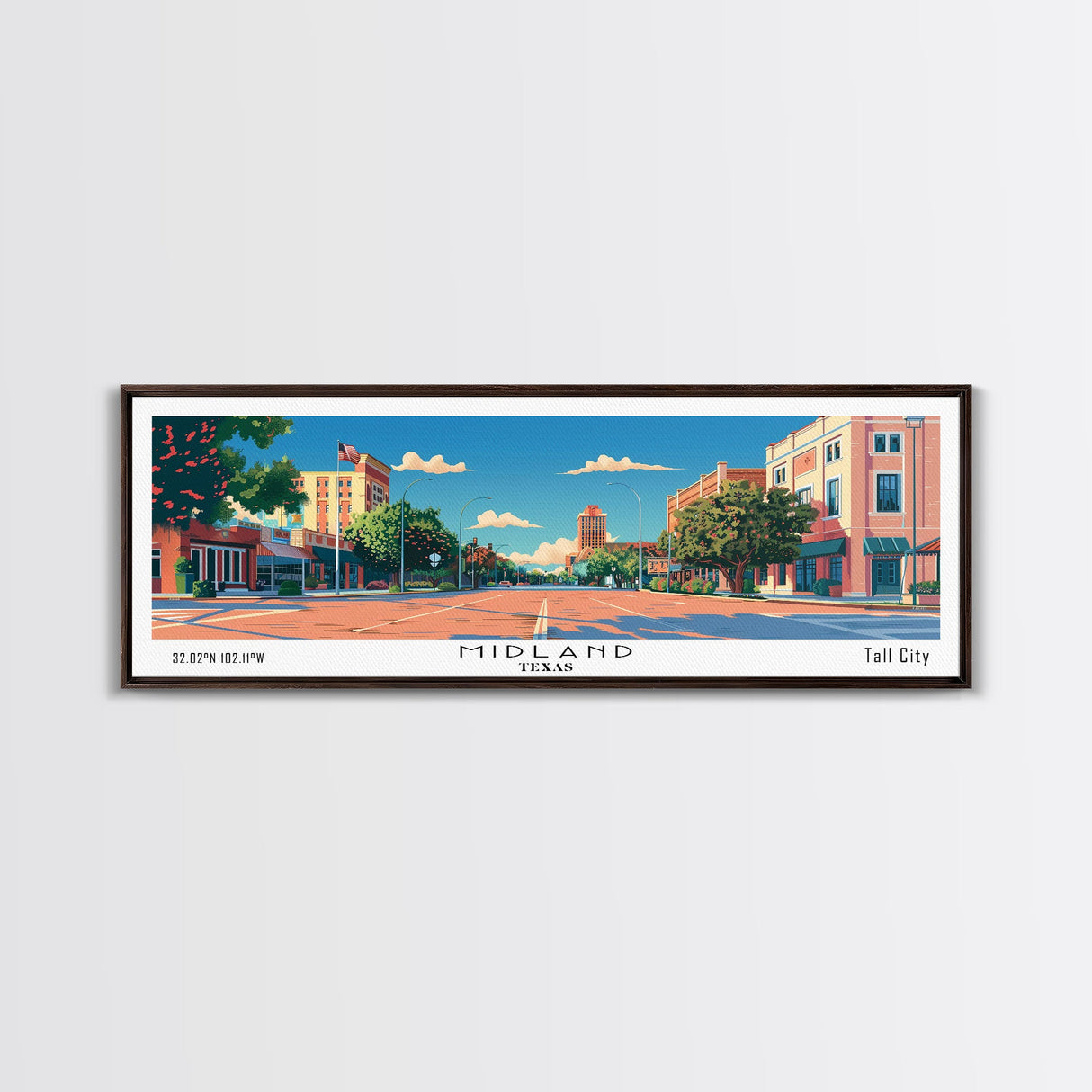 Midland Texas Panoramic Wall Art, Mid Century Modern Framed Canvas Print, Retro Pop Art Travel Poster, Living Room Art