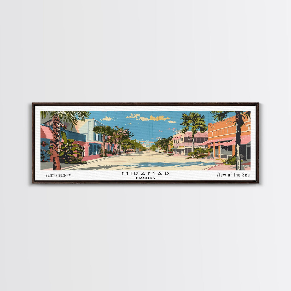 Miramar Florida Panoramic Painting, Mid Century Modern Framed Canvas Print, Retro Pop Art Travel Poster, Office Wall Art