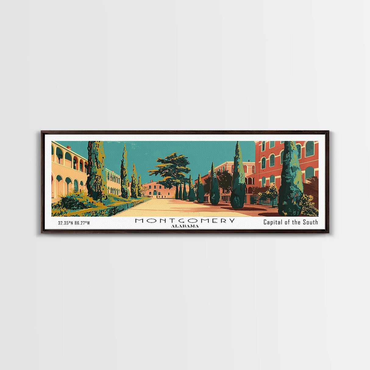 Montgomery Alabama Panoramic Wall Art, Mid Century Modern Framed Canvas Print, Retro Pop Art Travel Poster, Home Wall Art