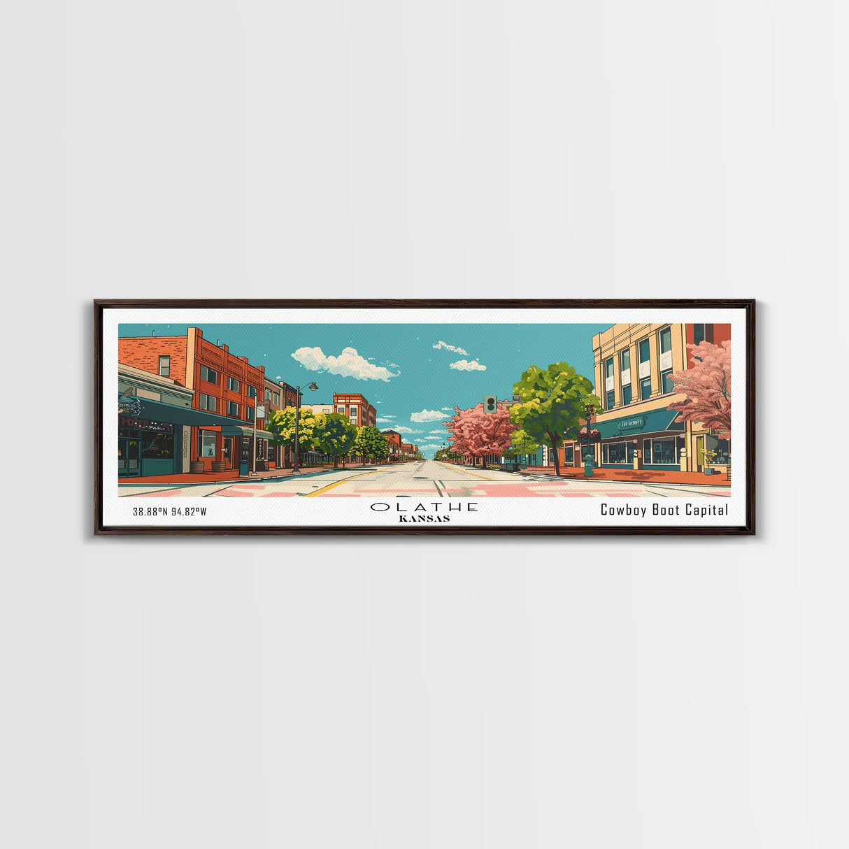 Olathe Kansas Panoramic Wall Art, Mid Century Modern Framed Canvas Print, Retro Pop Art Travel Poster, City Art, Office Wall Decor, Living Room Art