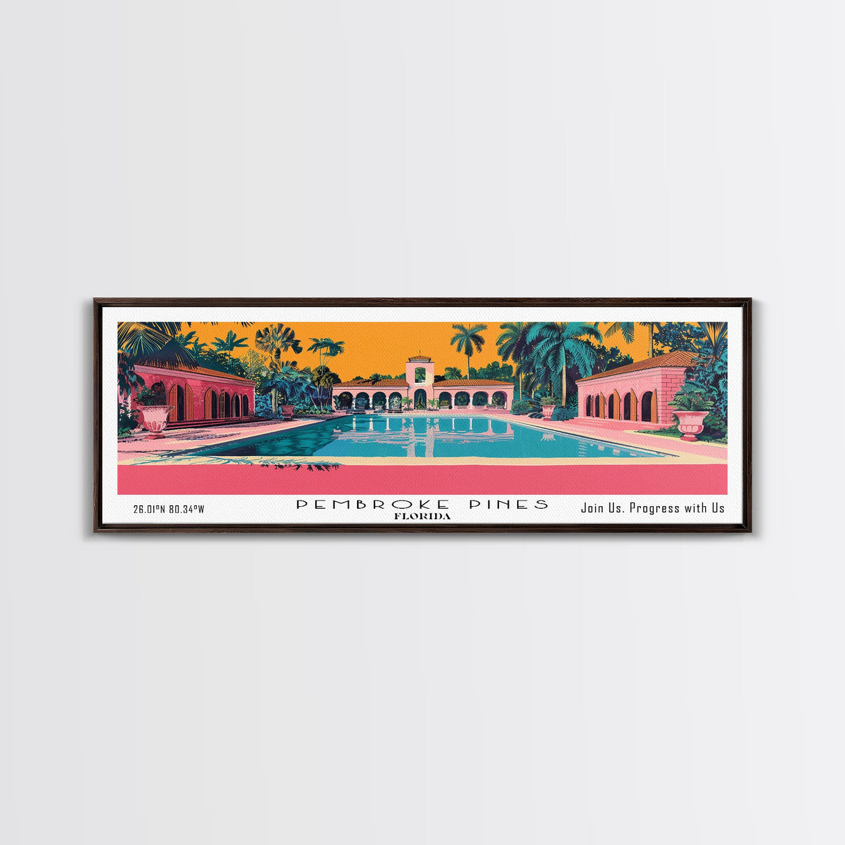 Pembroke Pines Florida Panoramic Wall Art, Mid Century Modern Framed Canvas Print, Retro Pop Art Travel Poster, City Art, Office Wall Decor, Living Room Art