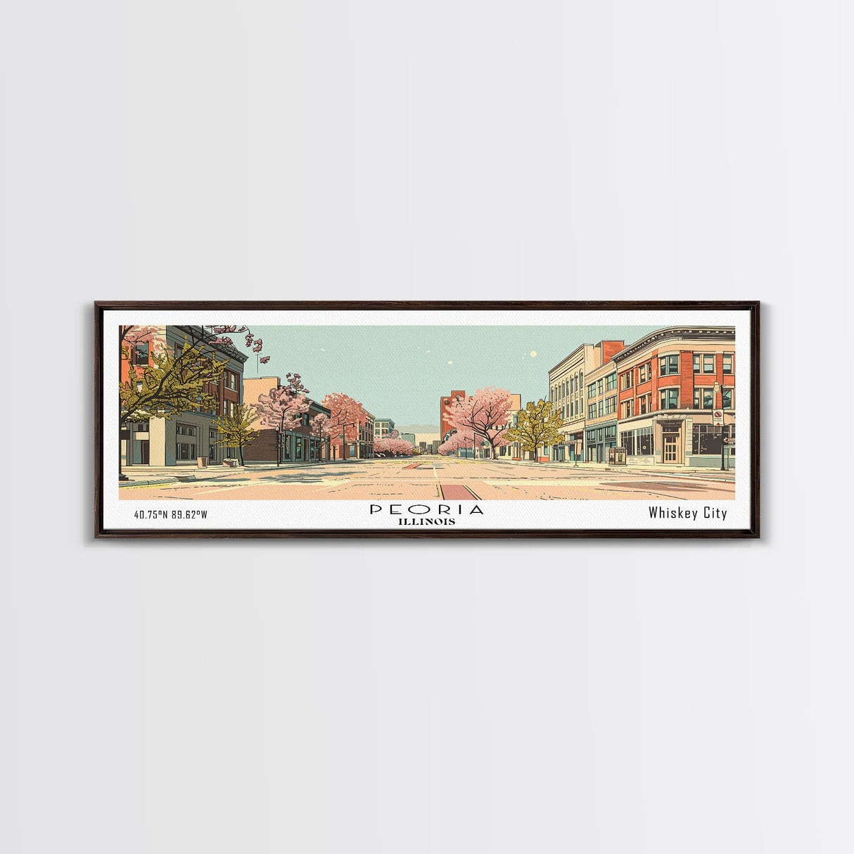 Peoria Illinois Panoramic Painting, Mid Century Modern Framed Canvas Print, Retro Pop Art Travel Poster, City Art, Office Wall Decor, Living Room Art