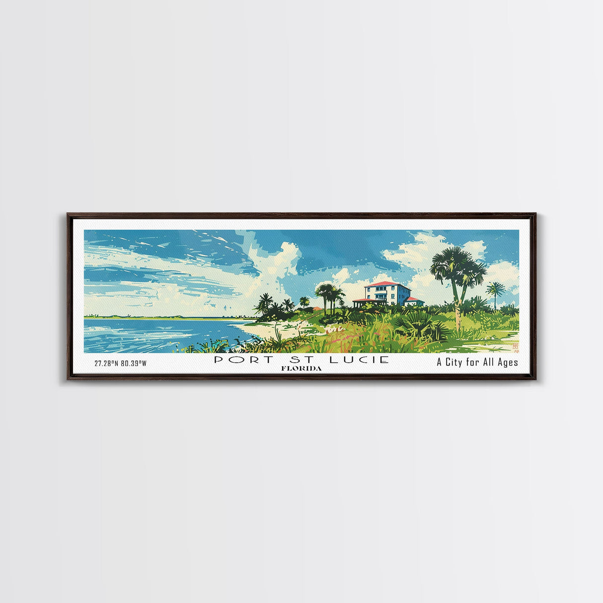 Port St. Lucie Florida Panoramic Painting, Mid Century Modern Framed Canvas Print, Retro Pop Art Travel Poster, City Art, Office Wall Decor, Living Room Art