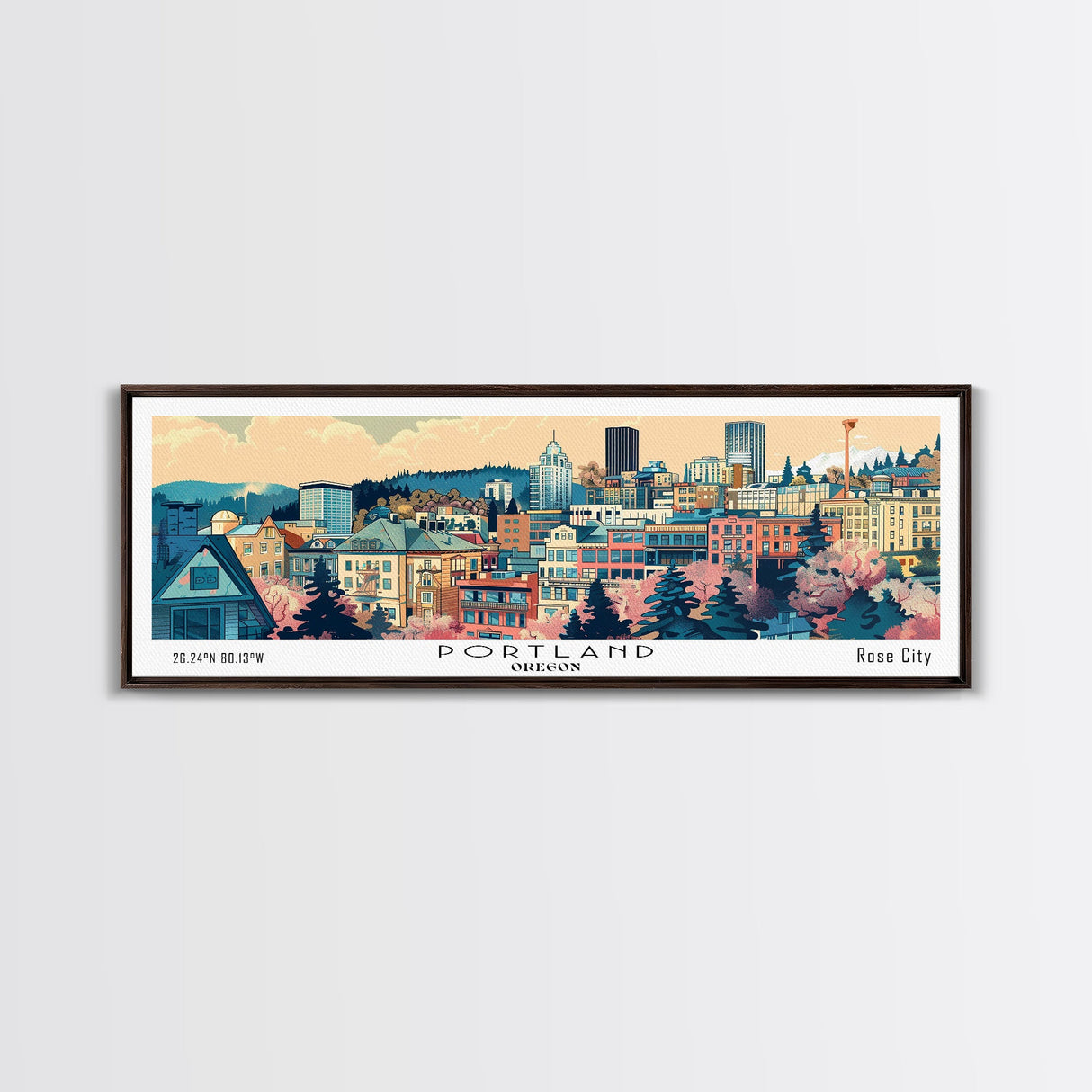 Portland Oregon Panoramic Wall Art, Mid Century Modern Framed Canvas Print, Retro Pop Art Travel Poster, City Art, Office Wall Decor, Living Room Art