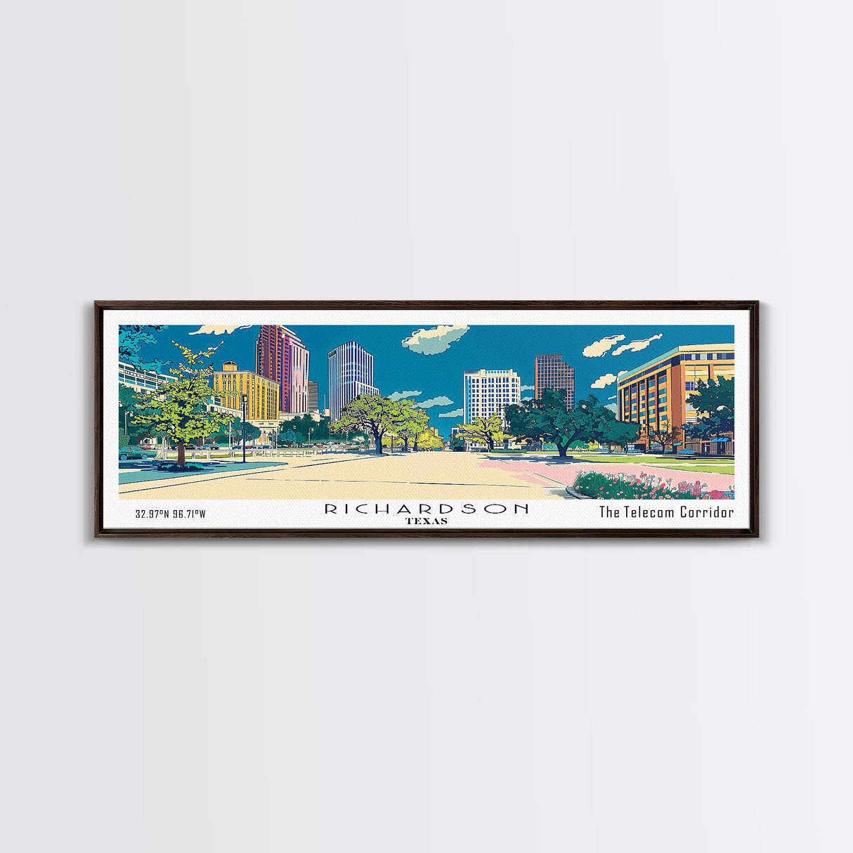 Richardson Texas Panoramic Wall Art, Mid Century Modern Framed Canvas Print, Retro Pop Art Travel Poster, City Art, Office Wall Decor, Living Room Art