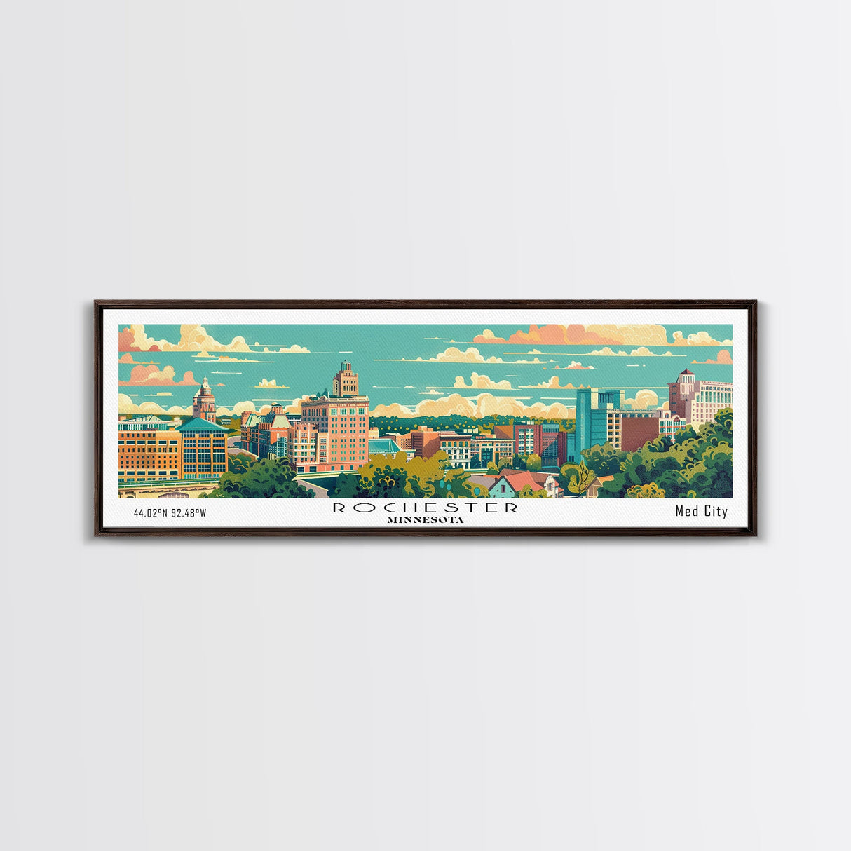 Rochester Minnesota Panoramic Wall Art, Mid Century Modern Framed Canvas Print, Retro Pop Art Travel Poster, City Art, Office Wall Decor, Living Room Art