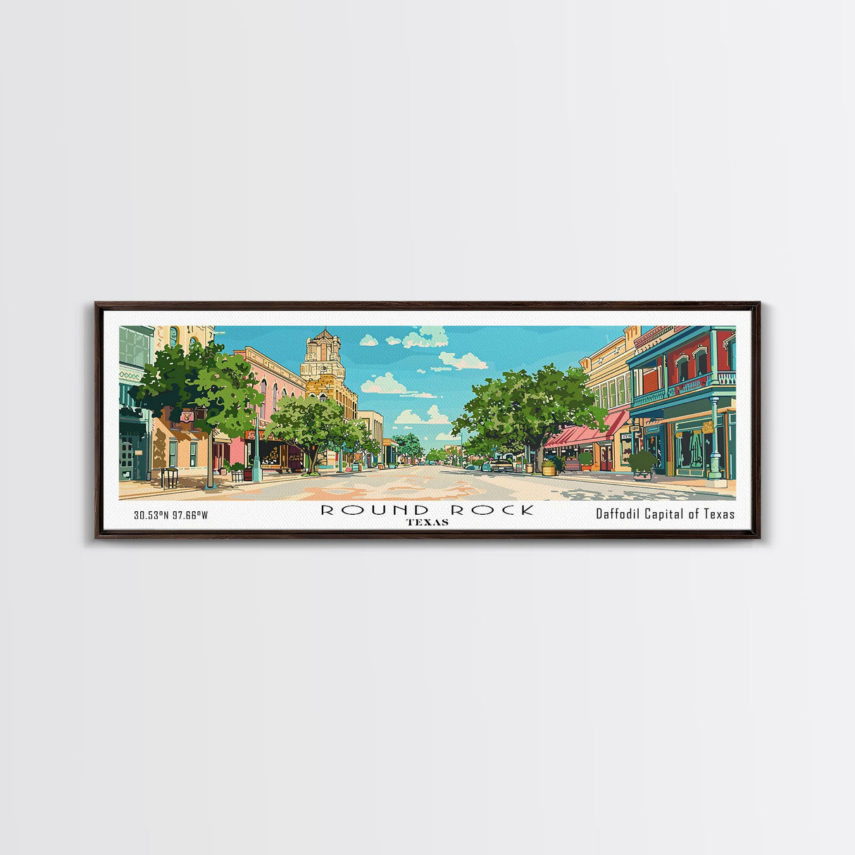 Round Rock Texas Panoramic Painting, Mid Century Modern Framed Canvas Print, Retro Pop Art Travel Poster, City Art, Office Wall Decor, Living Room Art