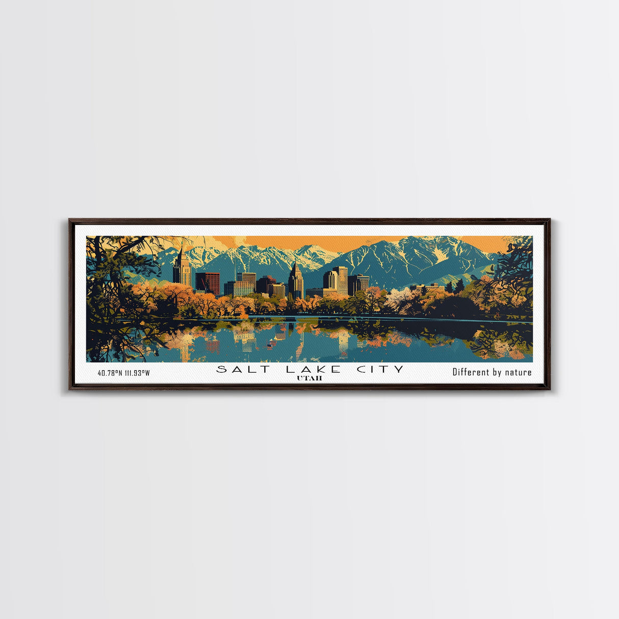 Salt Lake City Utah Panoramic Wall Art, Mid Century Modern Framed Canvas Print, Retro Pop Art Travel Poster, City Art, Office Wall Decor, Living Room Art