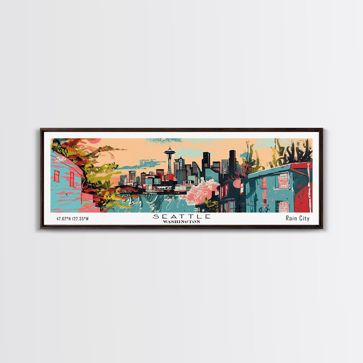 Seattle Washington Panoramic Art, Mid Century Modern Framed Canvas Print, Retro Pop Art Travel Poster, Office Wall Art, Home Decoration