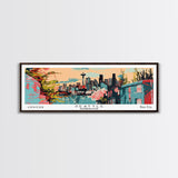 Seattle Washington Panoramic Art, Mid Century Modern Framed Canvas Print, Retro Pop Art Travel Poster, Office Wall Art, Home Decoration