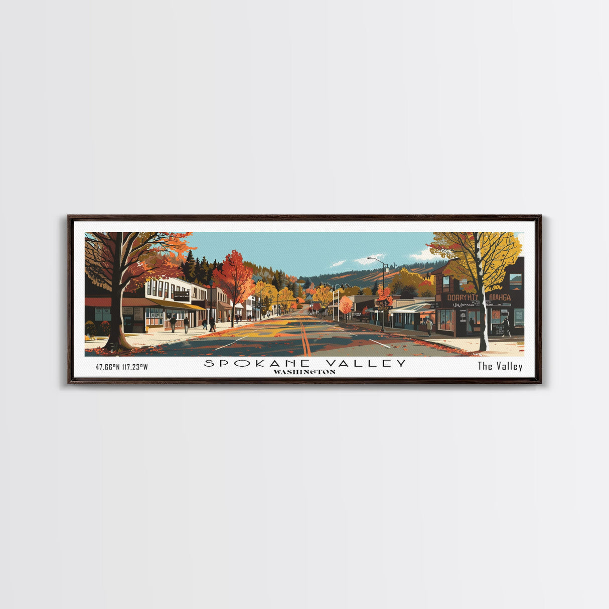 Spokane Valley Washington Panoramic Painting, Mid Century Modern Framed Canvas Print, Retro Pop Art Travel Poster, Wall Hanging for Home Decor