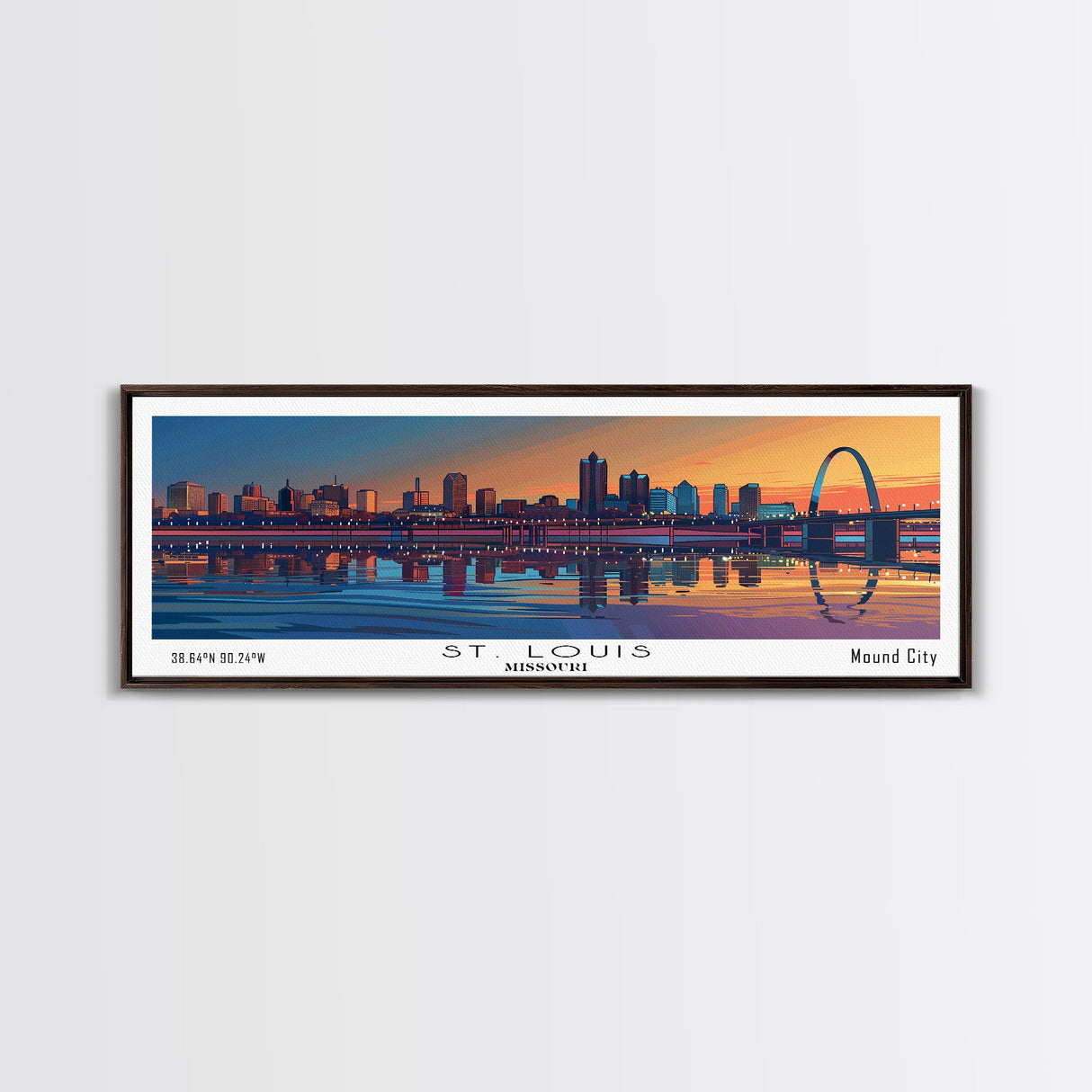 St. Louis Missouri Panoramic Painting, Mid Century Modern Framed Canvas Print, Retro Pop Art Travel Poster, Home and Office Wall Art Decor