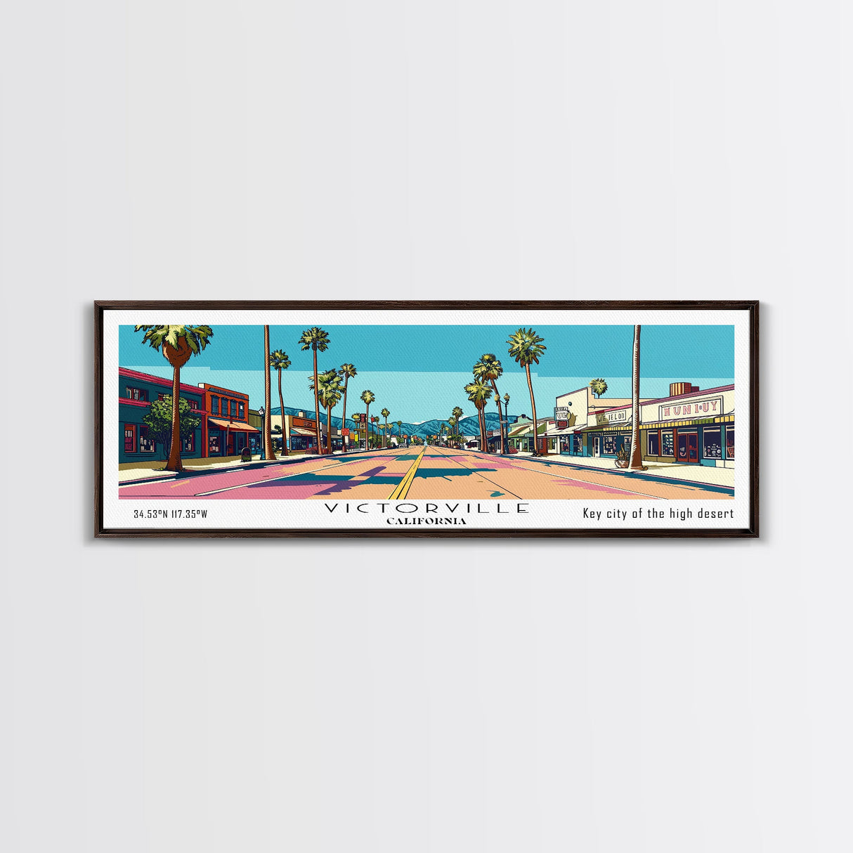 Victorville California Panoramic Art, Mid Century Modern Framed Canvas Print, Retro Pop Art Travel Poster, City Print, Living Room Decor