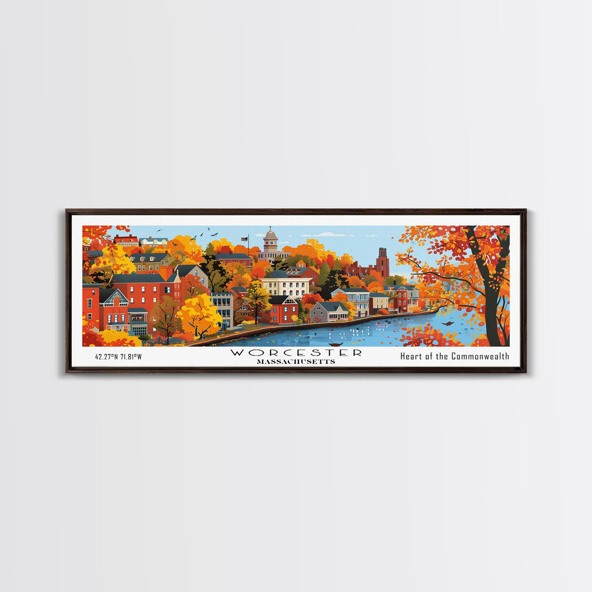 Worcester Massachusetts Panoramic Art, Mid Century Modern Framed Canvas Print, Retro Pop Art Travel Poster, City Print, Living Room Wall Decor