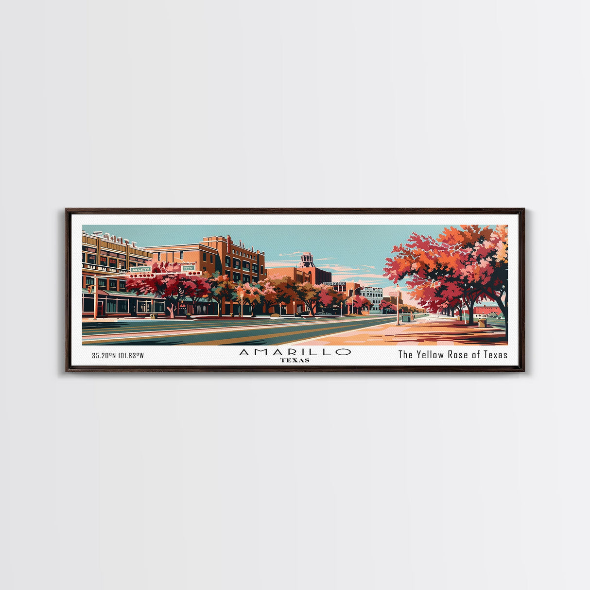 Amarillo Texas Panoramic Painting, Framed Canvas Print, Mid Century Modern Wall Art, Retro Pop Art Travel Poster, Home Decor, City Art