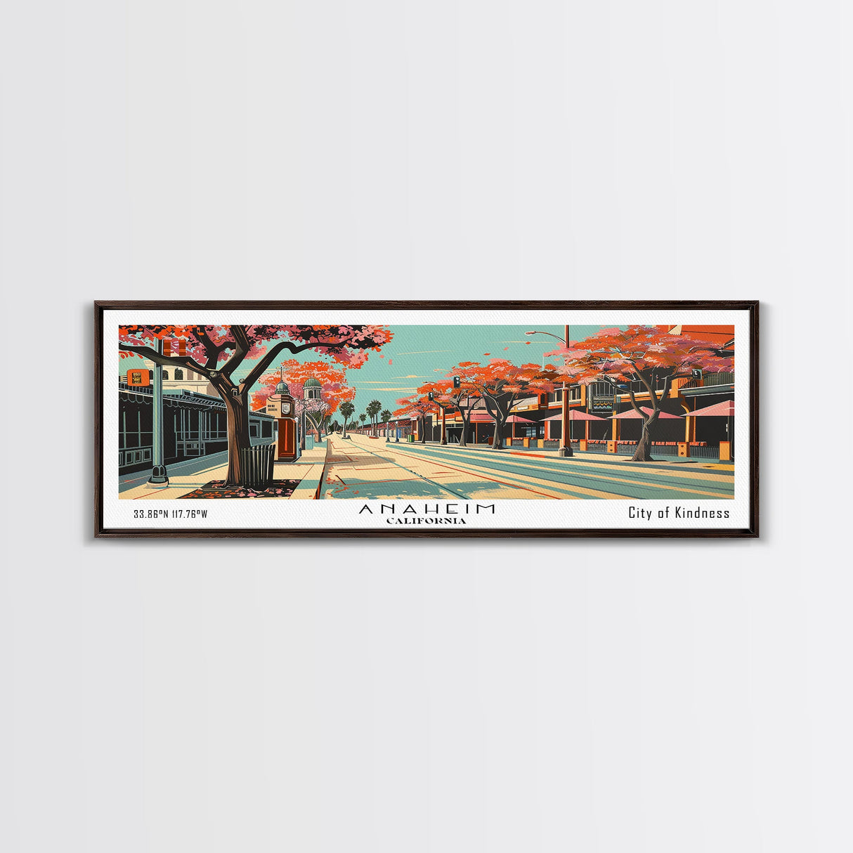 Anaheim California Panoramic Painting, Framed Canvas Print, Mid Century Modern Wall Art, Retro Pop Art Travel Poster, Office Decor, City Art