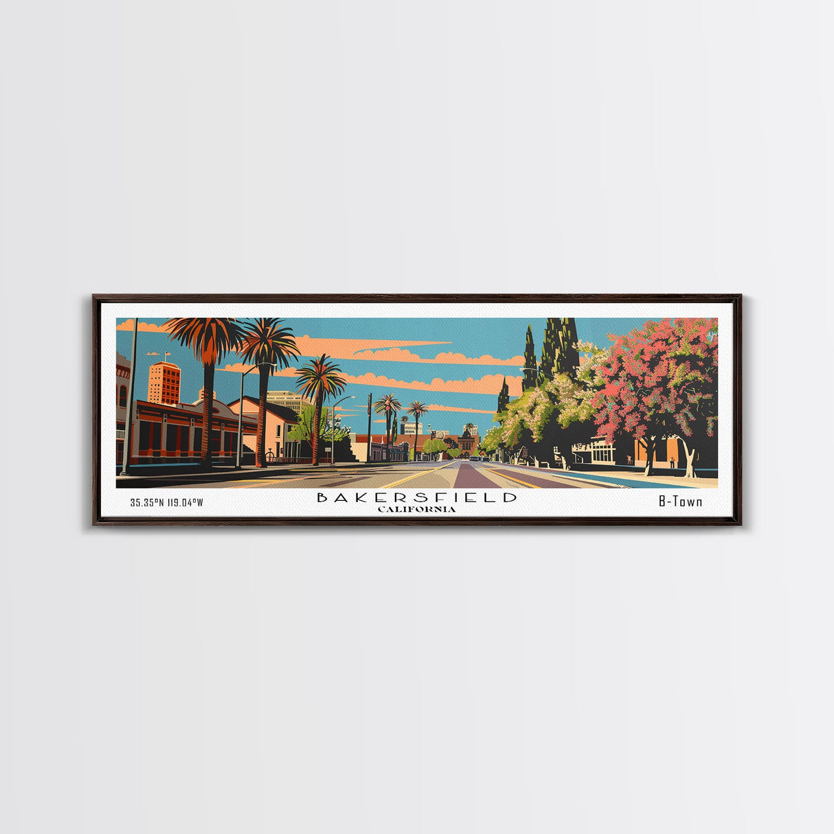 Bakersfield California Panoramic Painting, Framed Canvas Print, Mid Century Modern Wall Art, Retro Pop Art Travel Poster, Living Room Decor, City Art