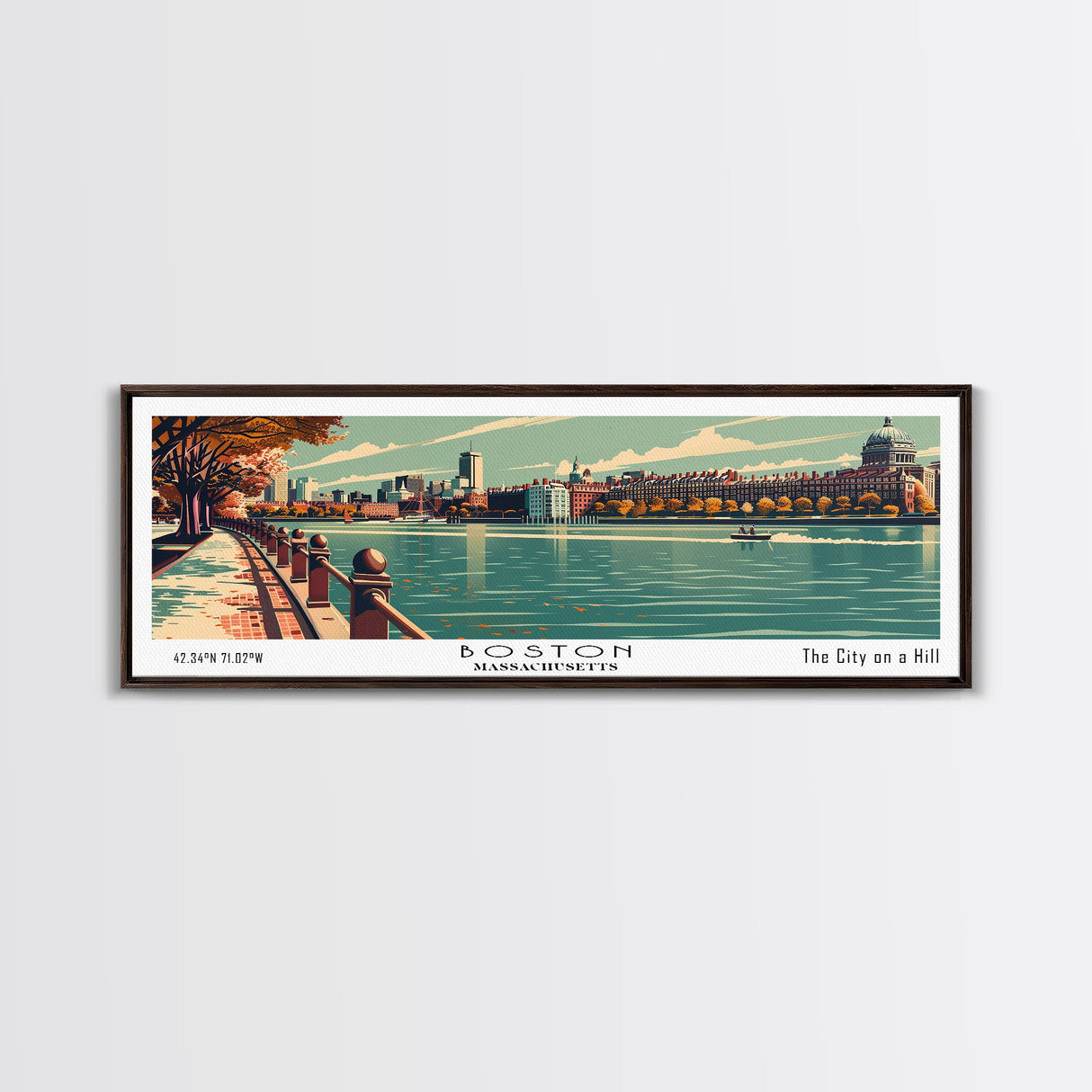 Boston Massachusetts Panoramic Painting, Framed Canvas Print, Mid Century Modern Wall Art, Retro Pop Art Travel Poster, Home Decor, City Art