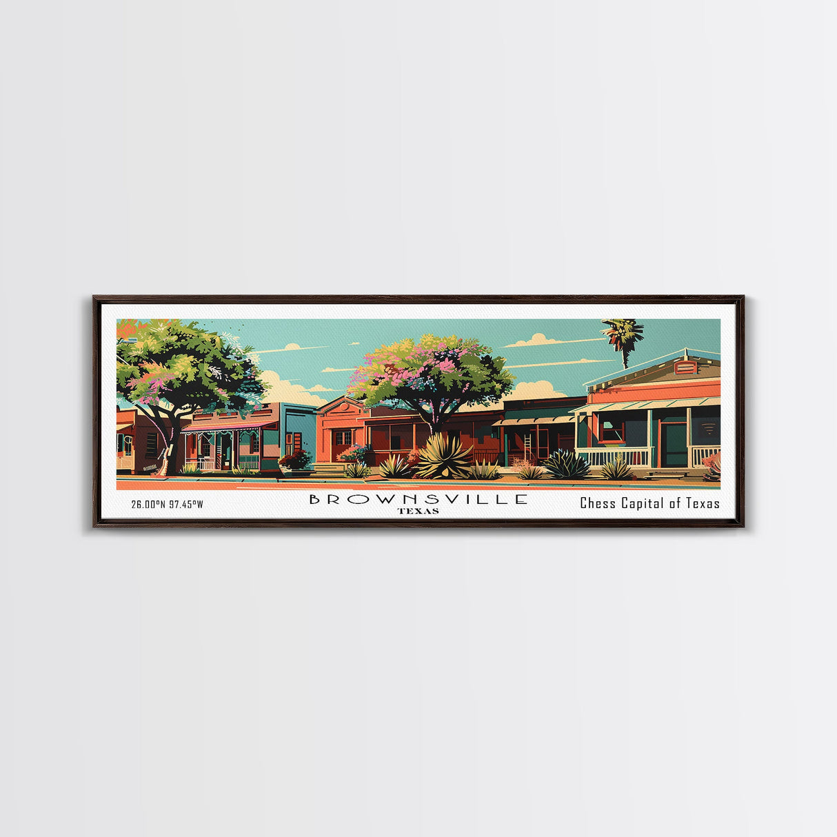 Brownsville Texas Panoramic Painting, Framed Canvas Print, Mid Century Modern Wall Art, Retro Pop Art Travel Poster, Living Room Decor, City Art