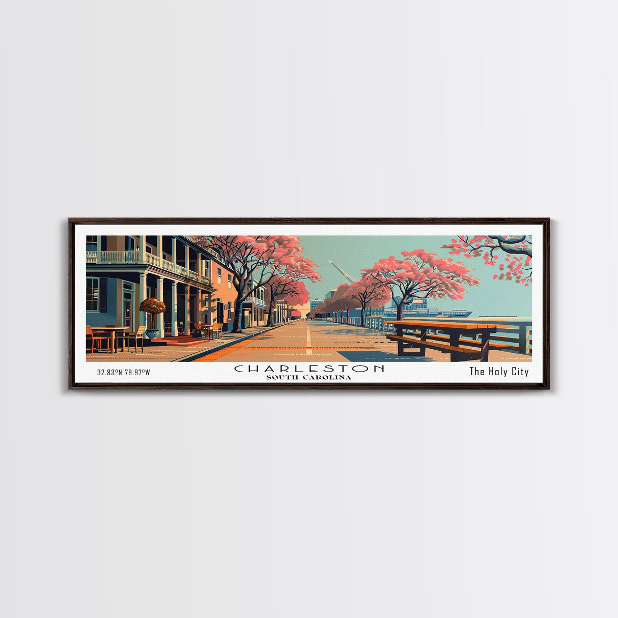 Charleston South Carolina Panoramic Painting, Framed Canvas Print, Mid Century Modern Wall Art, Retro Pop Art Travel Poster, Home Decor, City Art