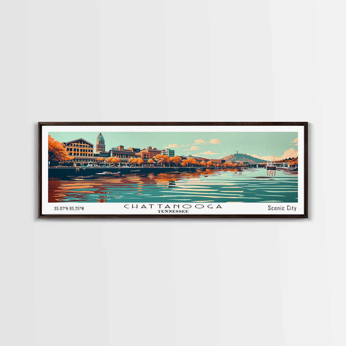 Chattanooga Tennessee Panoramic Painting, Framed Canvas Print, Mid Century Modern Wall Art, Retro Pop Art Travel Poster, Office Decor, City Art