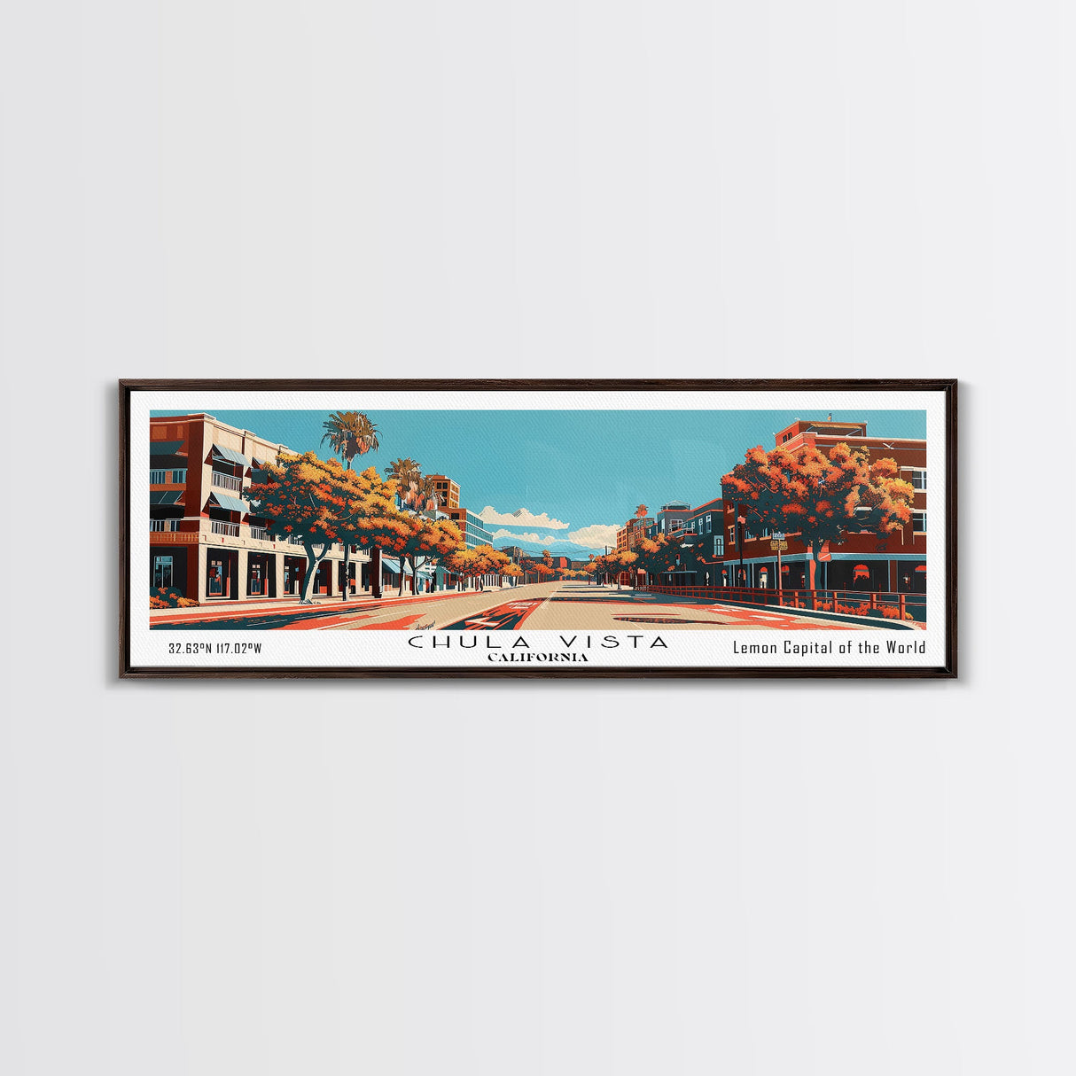 Chula Vista California Panoramic Painting, Framed Canvas Print, Mid Century Modern Wall Art, Retro Pop Art Travel Poster, Home Decor, City Art