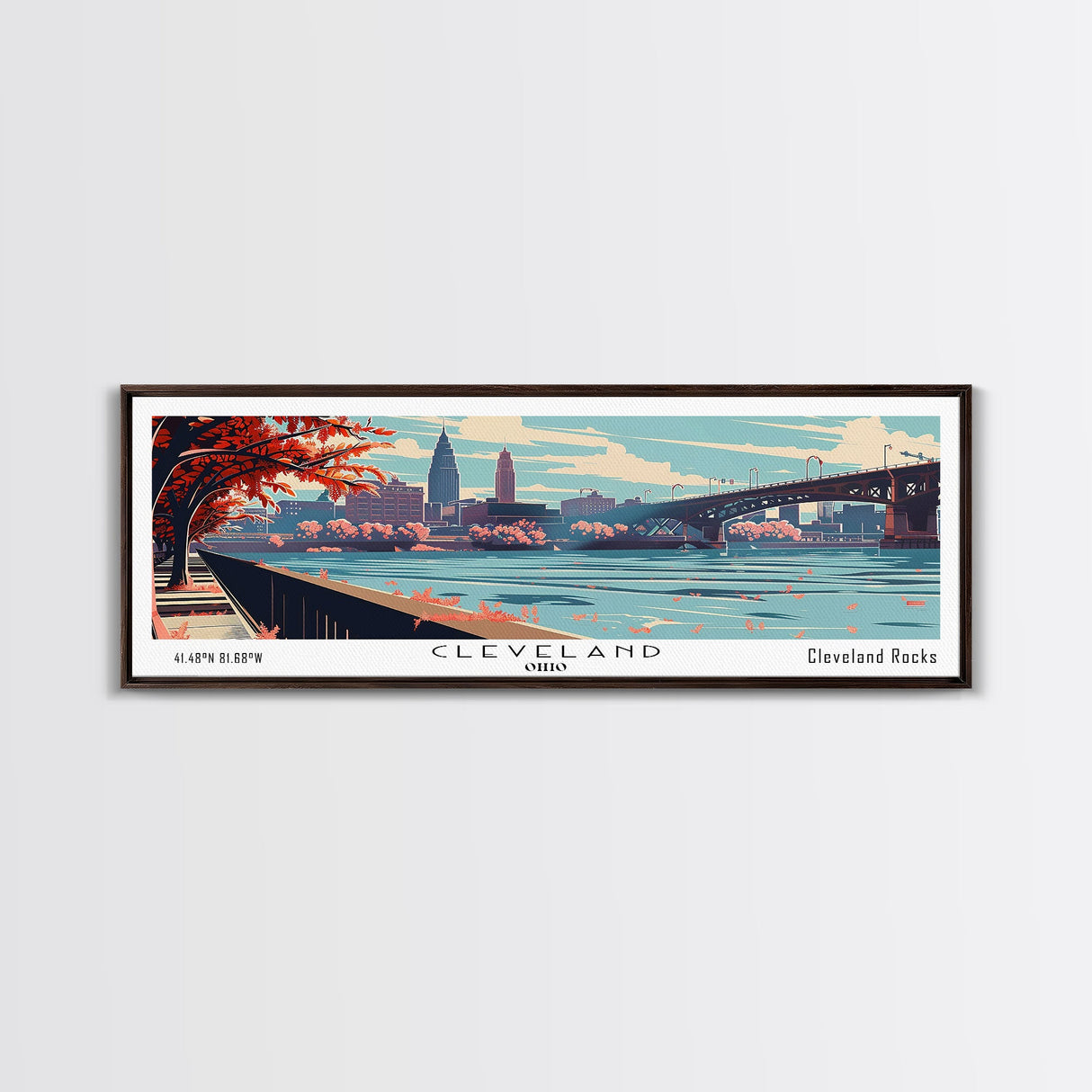 Cleveland Ohio Panoramic Painting, Framed Canvas Print, Mid Century Modern Wall Art, Retro Pop Art Travel Poster, Living Room Decor, City Art