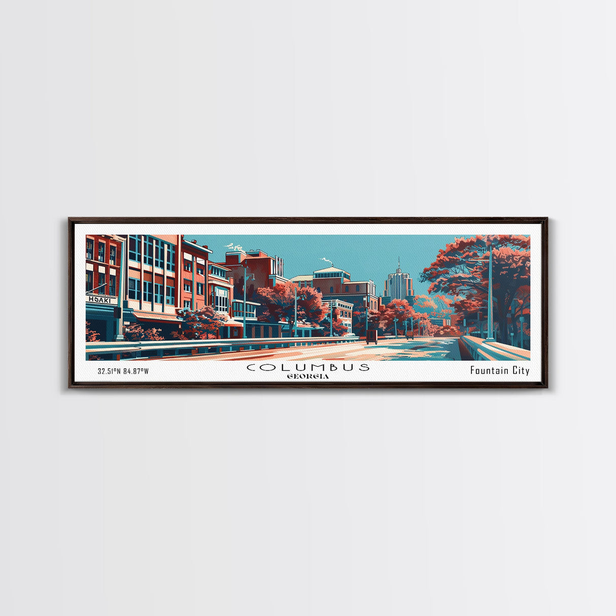 Columbus Georgia Panoramic Painting, Framed Canvas Print, Mid Century Modern Wall Art, Retro Pop Art Travel Poster, Home Decor, City Art