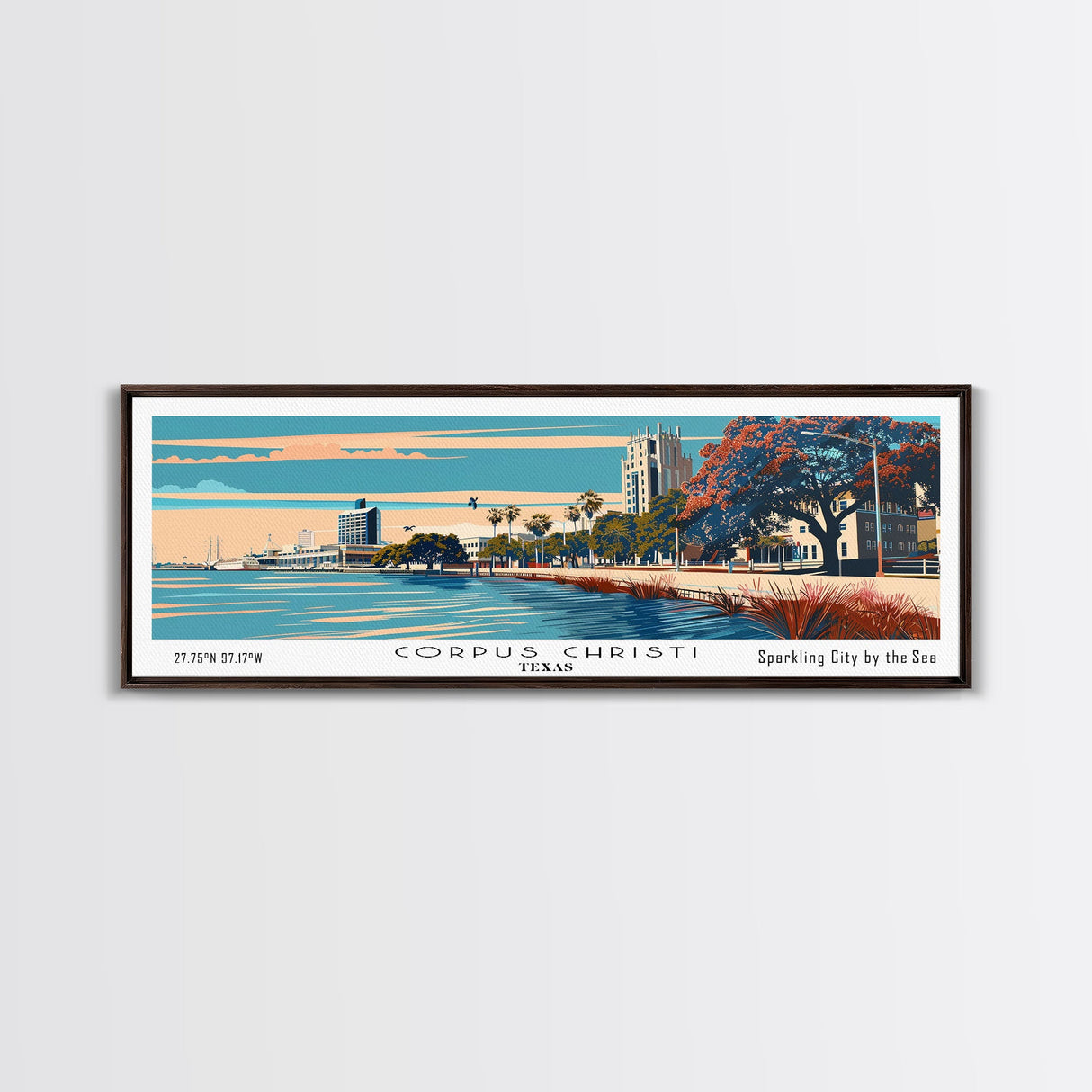 Corpus Christi Texas Panoramic Painting, Framed Canvas Print, Mid Century Modern Wall Art, Retro Pop Art Travel Poster, Office Decor, City Art