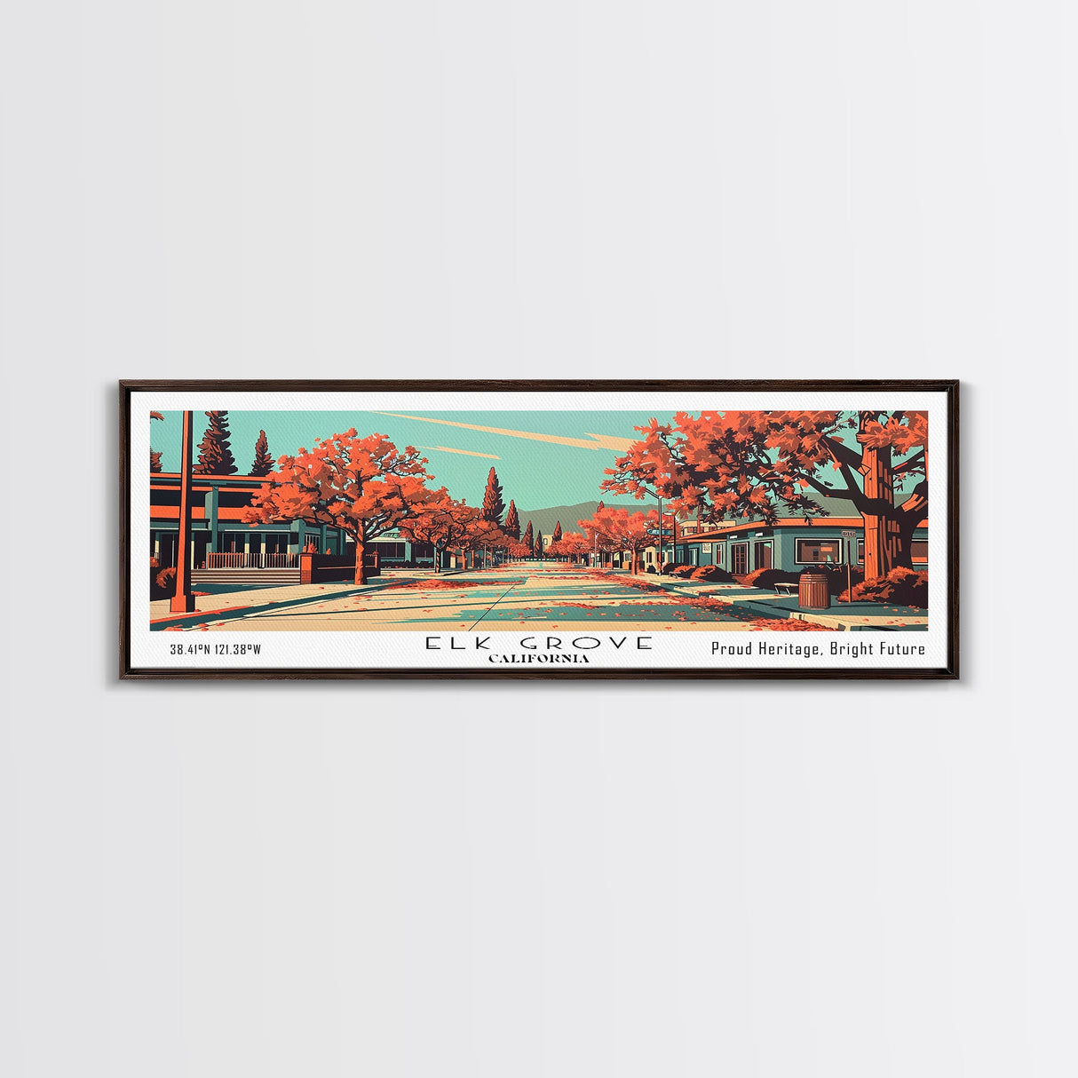 Elk Grove California Panoramic Painting, Framed Canvas Print, Mid Century Modern Wall Art, Retro Pop Art Travel Poster, Office Decor, City Art