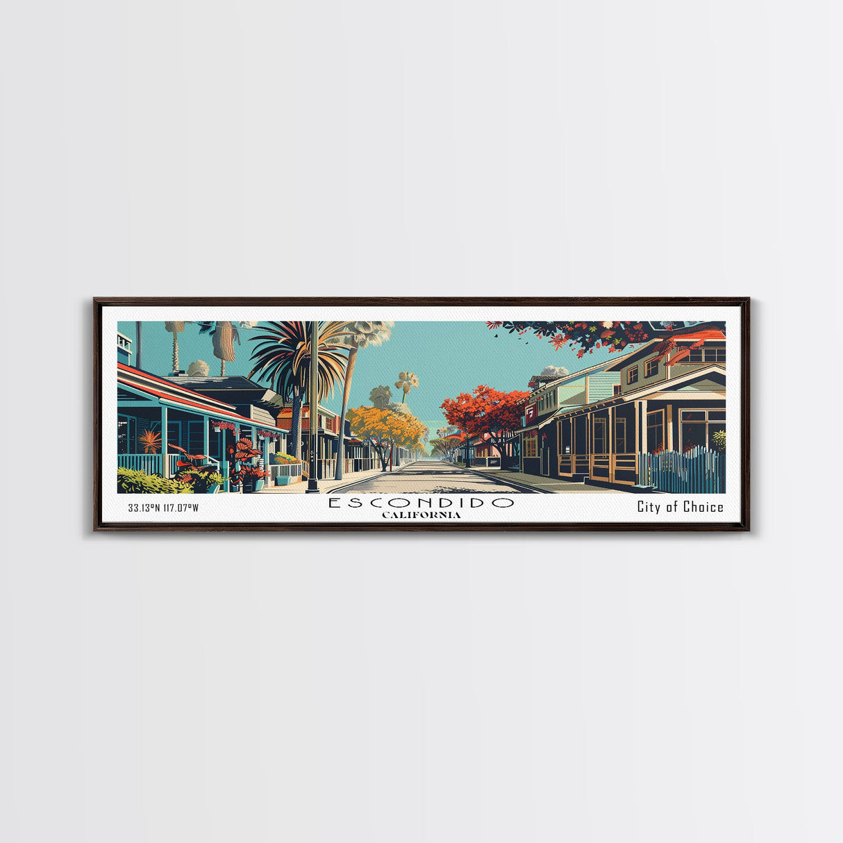 Escondido California Panoramic Painting, Framed Canvas Print, Mid Century Modern Wall Art, Retro Pop Art Travel Poster, Living Room Decor, City Art