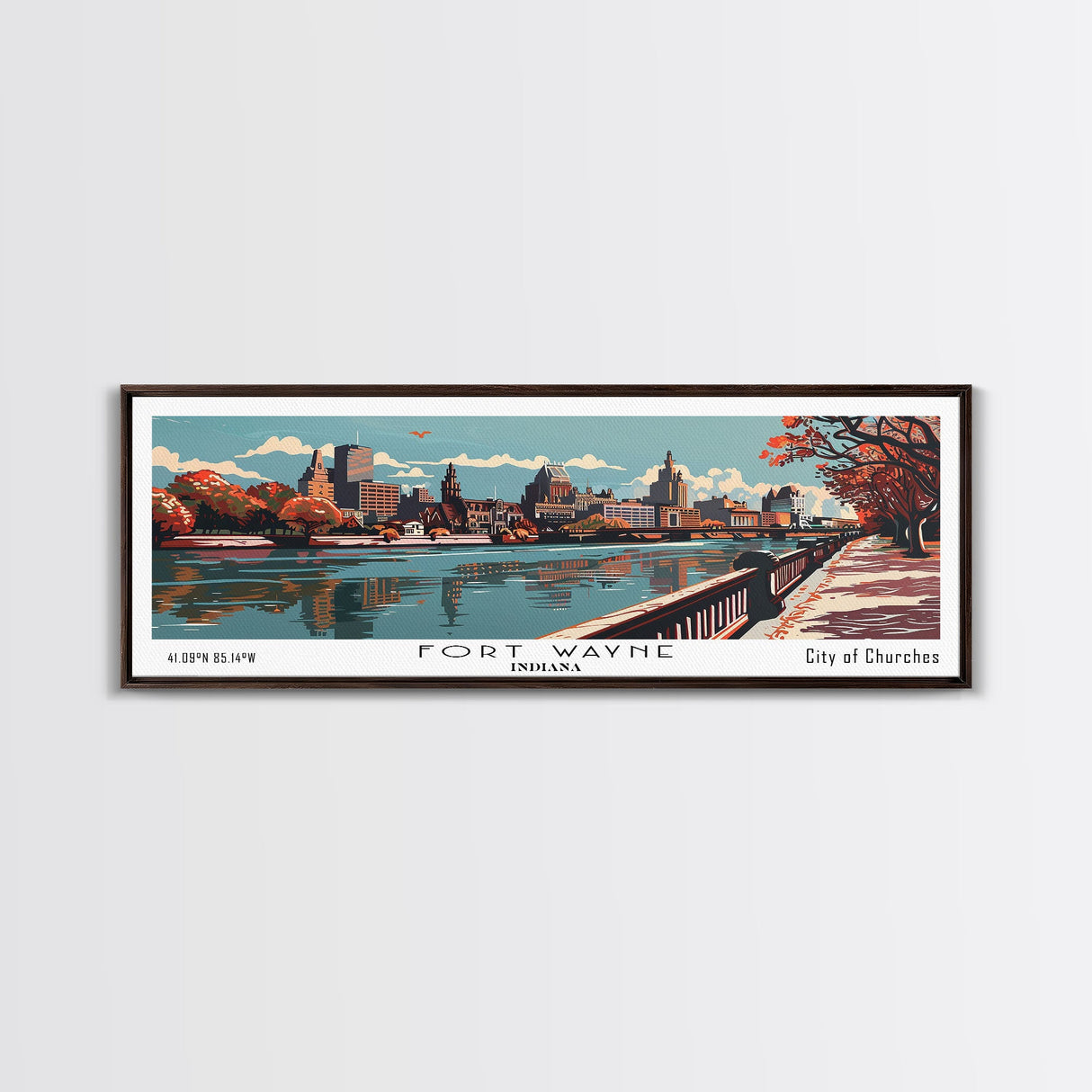 Fort Wayne Indiana Panoramic Painting, Framed Canvas Print, Mid Century Modern Wall Art, Retro Pop Art Travel Poster, Office Decor, City Art