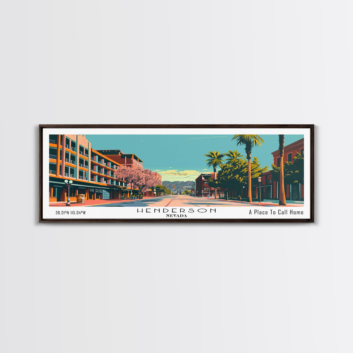 Henderson Nevada Panoramic Painting, Mid Century Modern Framed Canvas Print, City Art, Retro Pop Art Travel Poster, Living Room Decor, Home Office Art, Cityscape