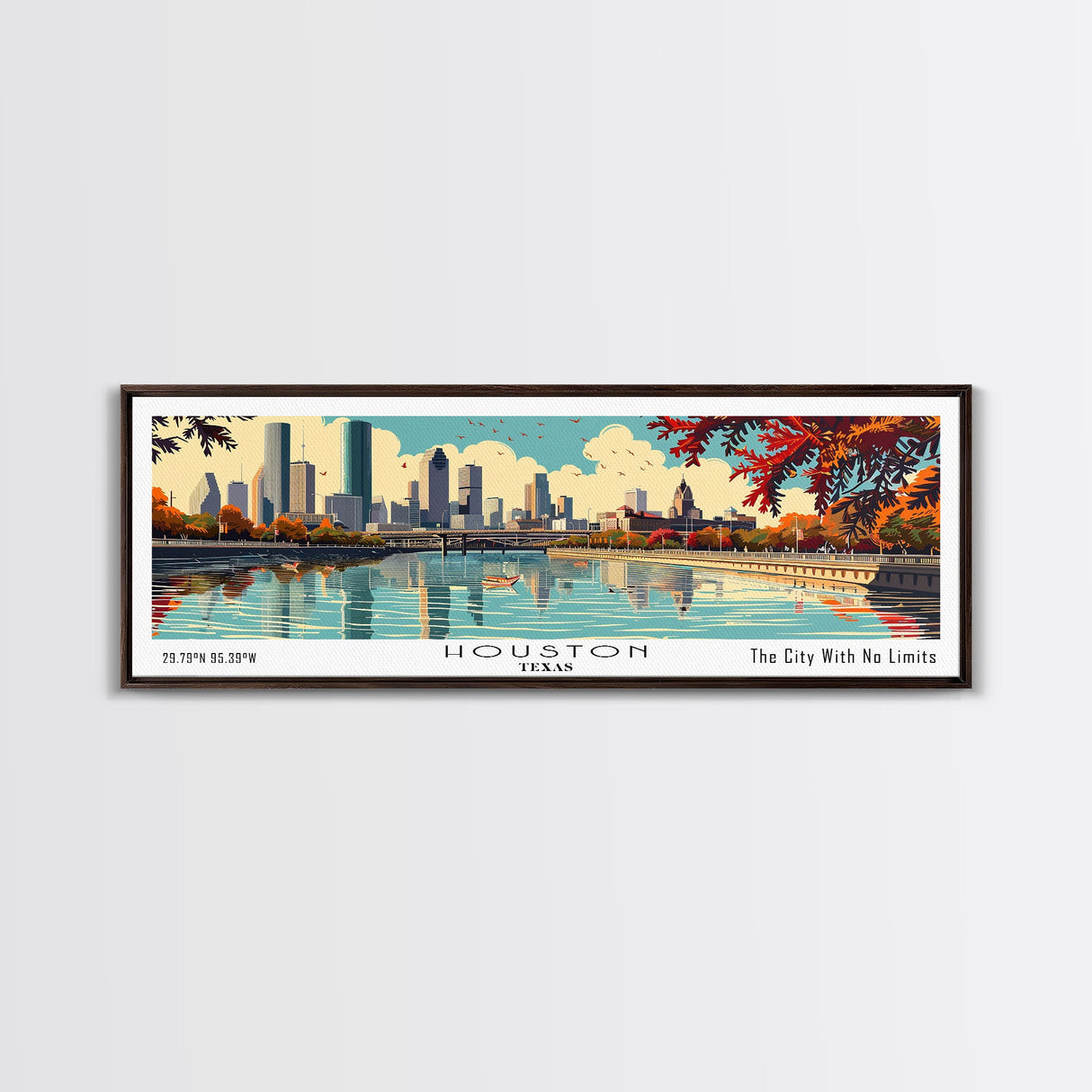 Houston Texas Panoramic Wall Art, Mid Century Modern Framed Canvas Print, Retro Pop Art Travel Poster, Living Room Decor, Cityscape Art, Home Office Decor