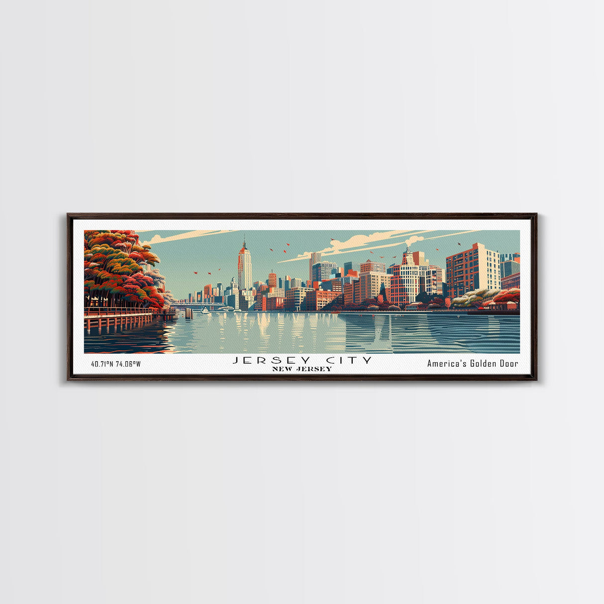 Jersey City New Jersey Panoramic Painting, Framed Canvas Print, Mid Century Modern Wall Art, Retro Pop Art Travel Poster, Cityscape Decor, Office Wall Art, Home Decor