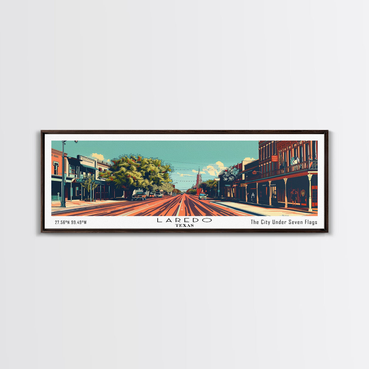 Laredo Texas Panoramic Wall Art, Mid Century Modern Framed Canvas Print, Retro Pop Art Travel Poster, Living Room Decor, Cityscape Art, Home Office Decor