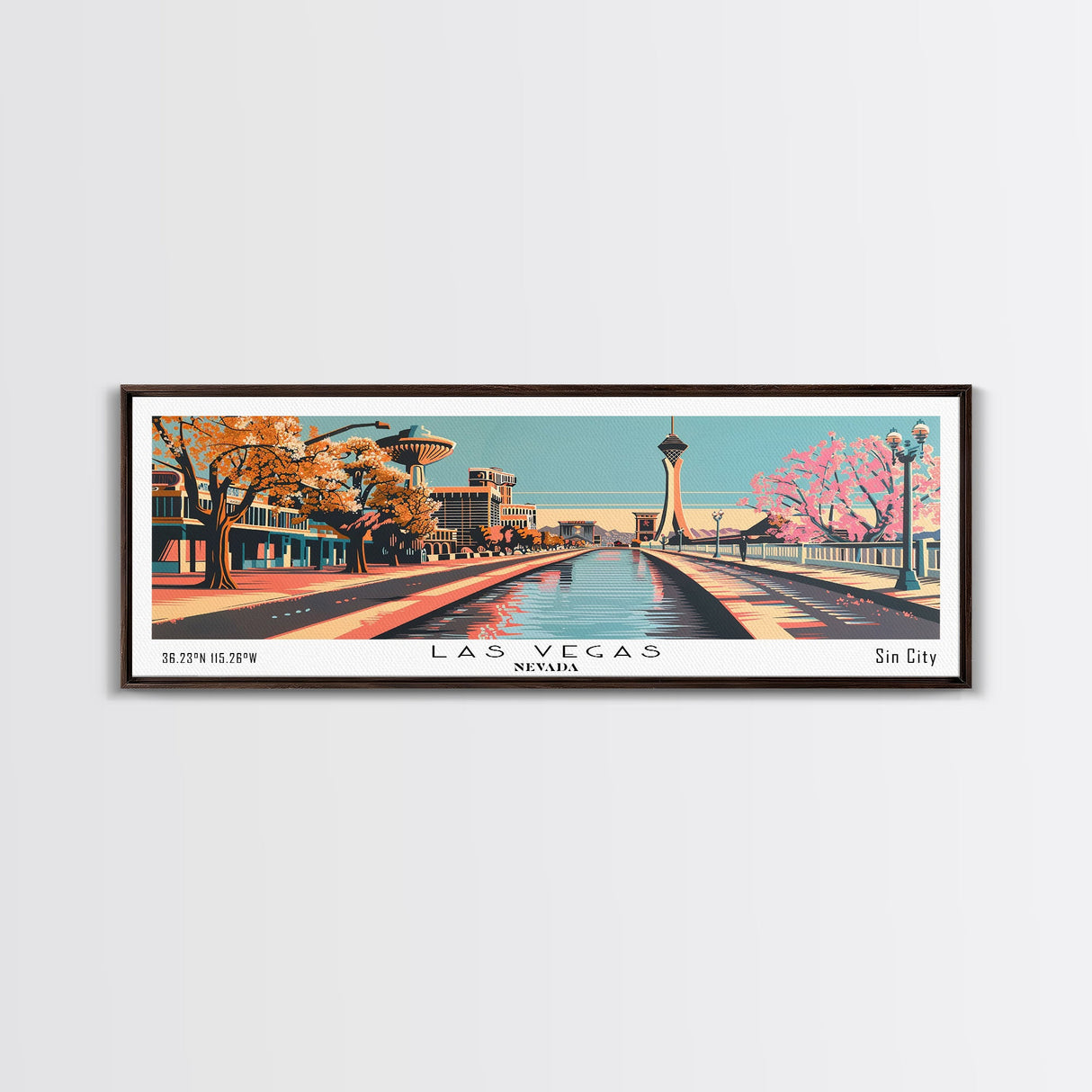 Las Vegas Nevada Panoramic Painting, Framed Canvas Print, Mid Century Modern Wall Art, Retro Pop Art Travel Poster, Cityscape Decor, Living Room Art, Office Wall Art