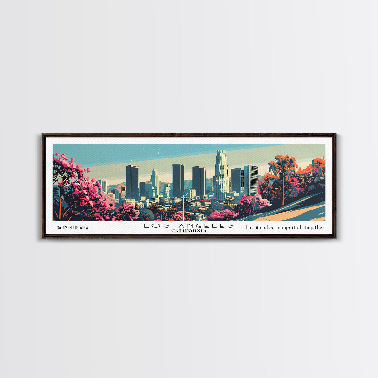 Los Angeles California Mid Century Modern Framed Canvas Print, Retro Pop Art Travel Poster, Home Decor, City Art, Panoramic Painting