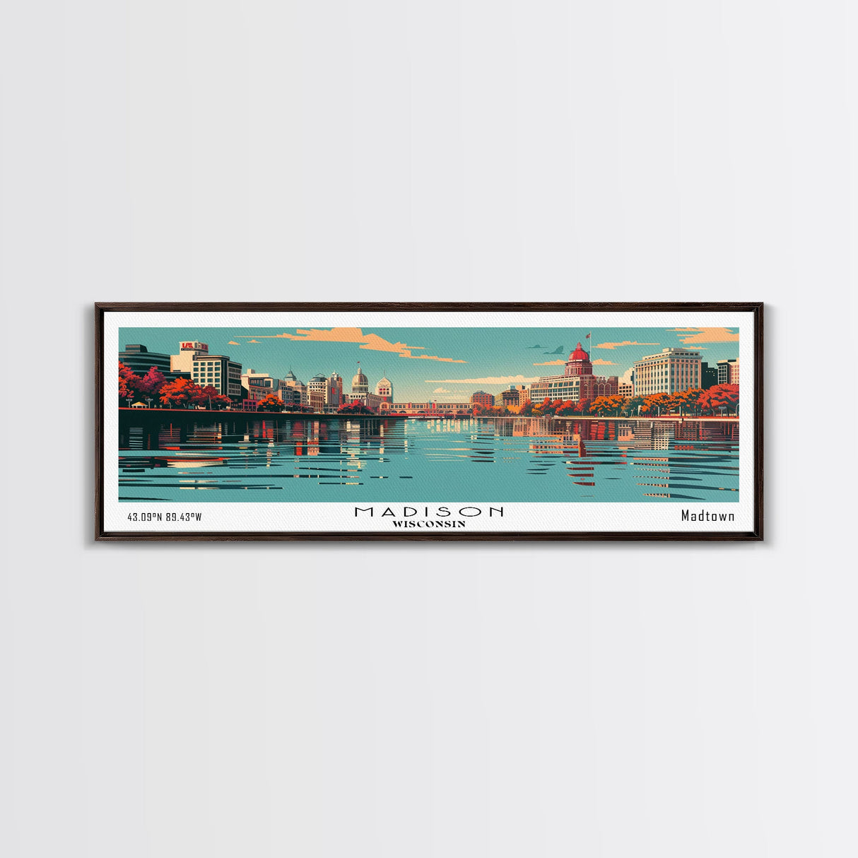 Madison Wisconsin Mid Century Modern Framed Canvas Print, Retro Pop Art Travel Poster, Home Decor, Living Room Art, Panoramic View